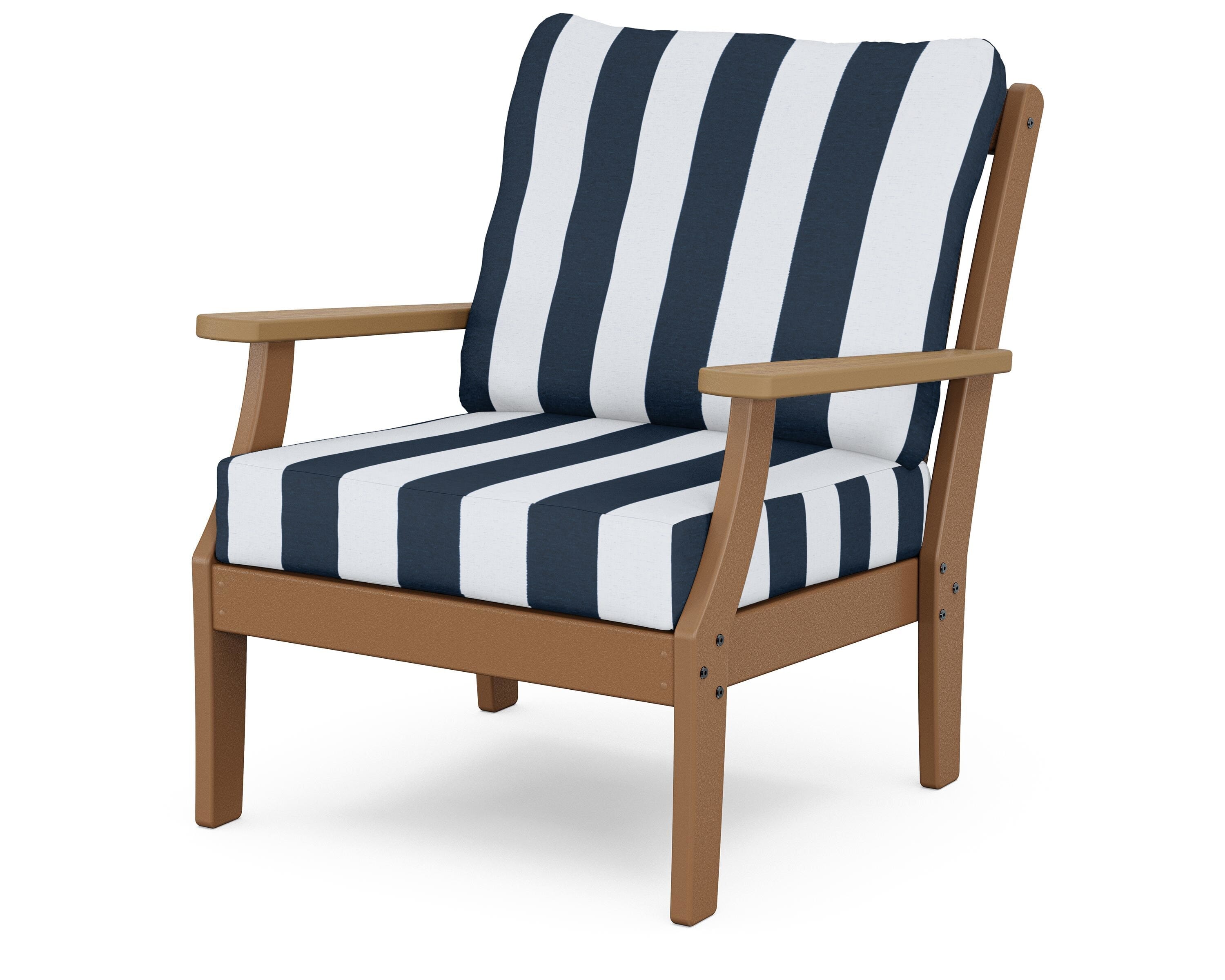 POLYWOOD® Braxton Deep Seating Chair in Teak / Natural / Cabana Stripe Marine Indigo