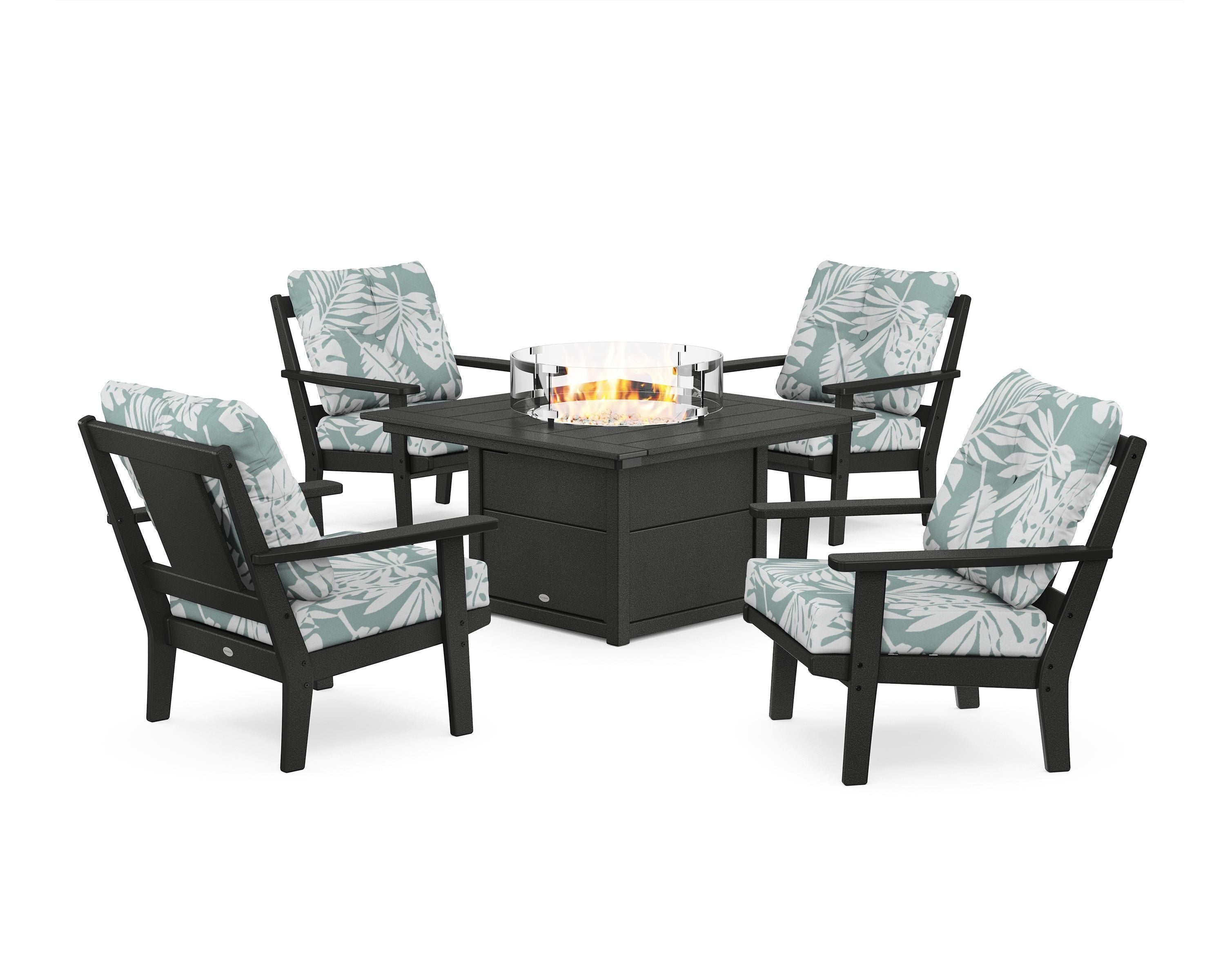 POLYWOOD® Prairie 5-Piece Deep Seating Set with Fire Pit Table in Black / Leaf Glacier Spa