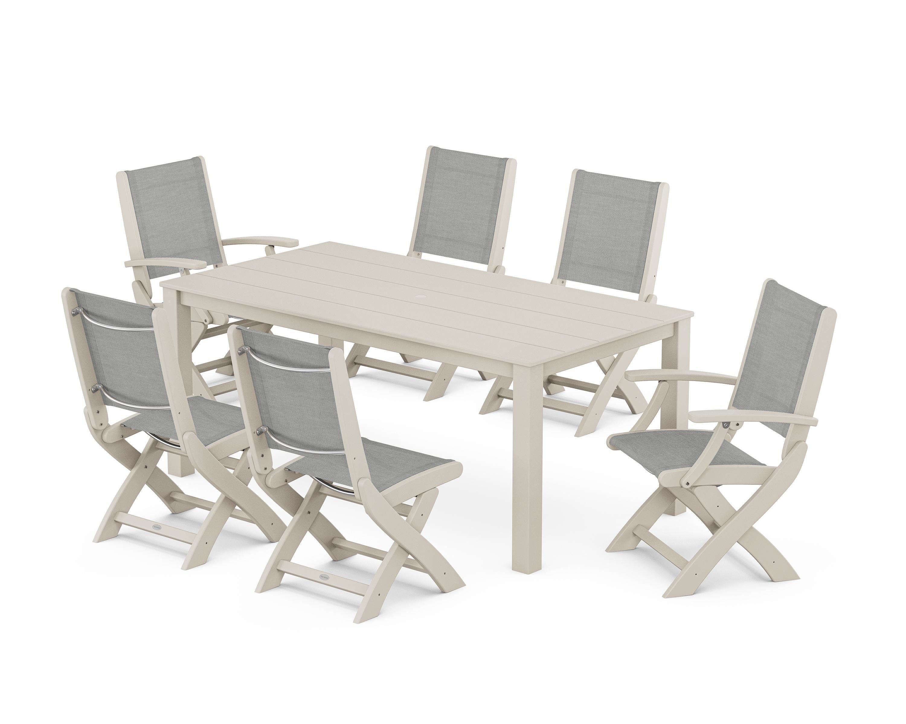 POLYWOOD® Coastal Folding Chair 7-Piece Parsons Dining Set in Sand / Metallic Sling