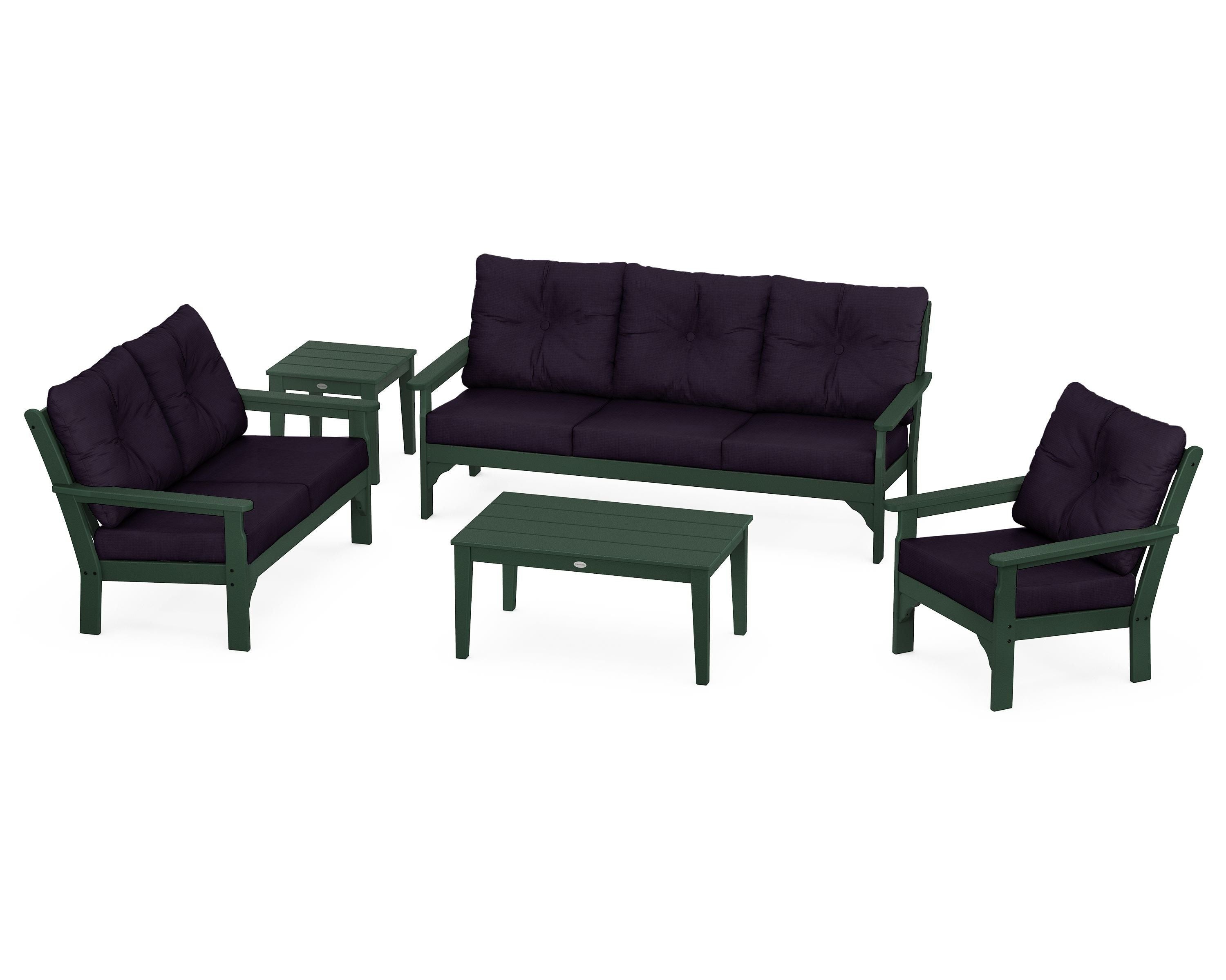 POLYWOOD® Vineyard 5 Piece Deep Seating Set in Green / Navy Linen