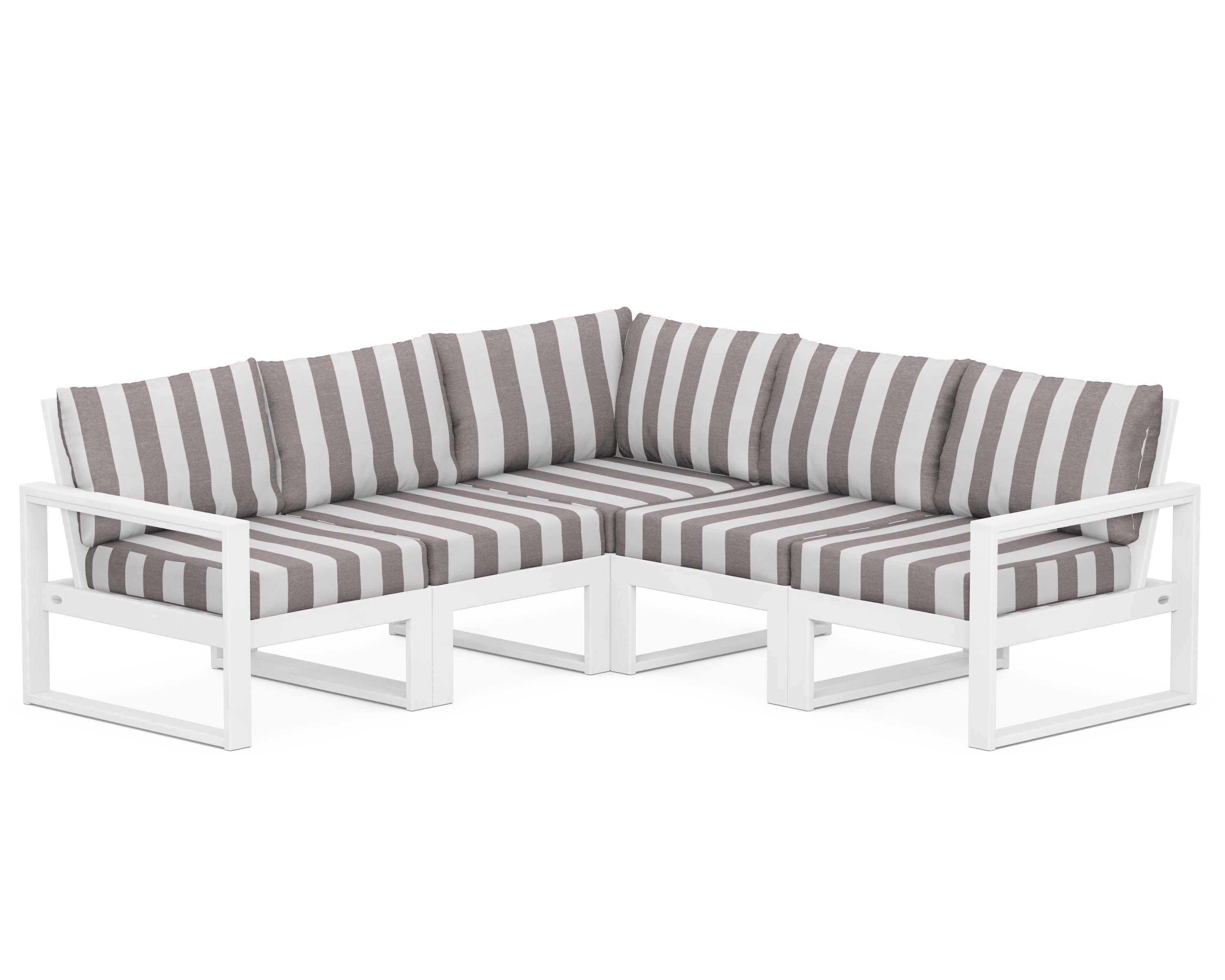 POLYWOOD® EDGE 5-Piece Modular Deep Seating Set in White / Cabana Stripe Grey Mist