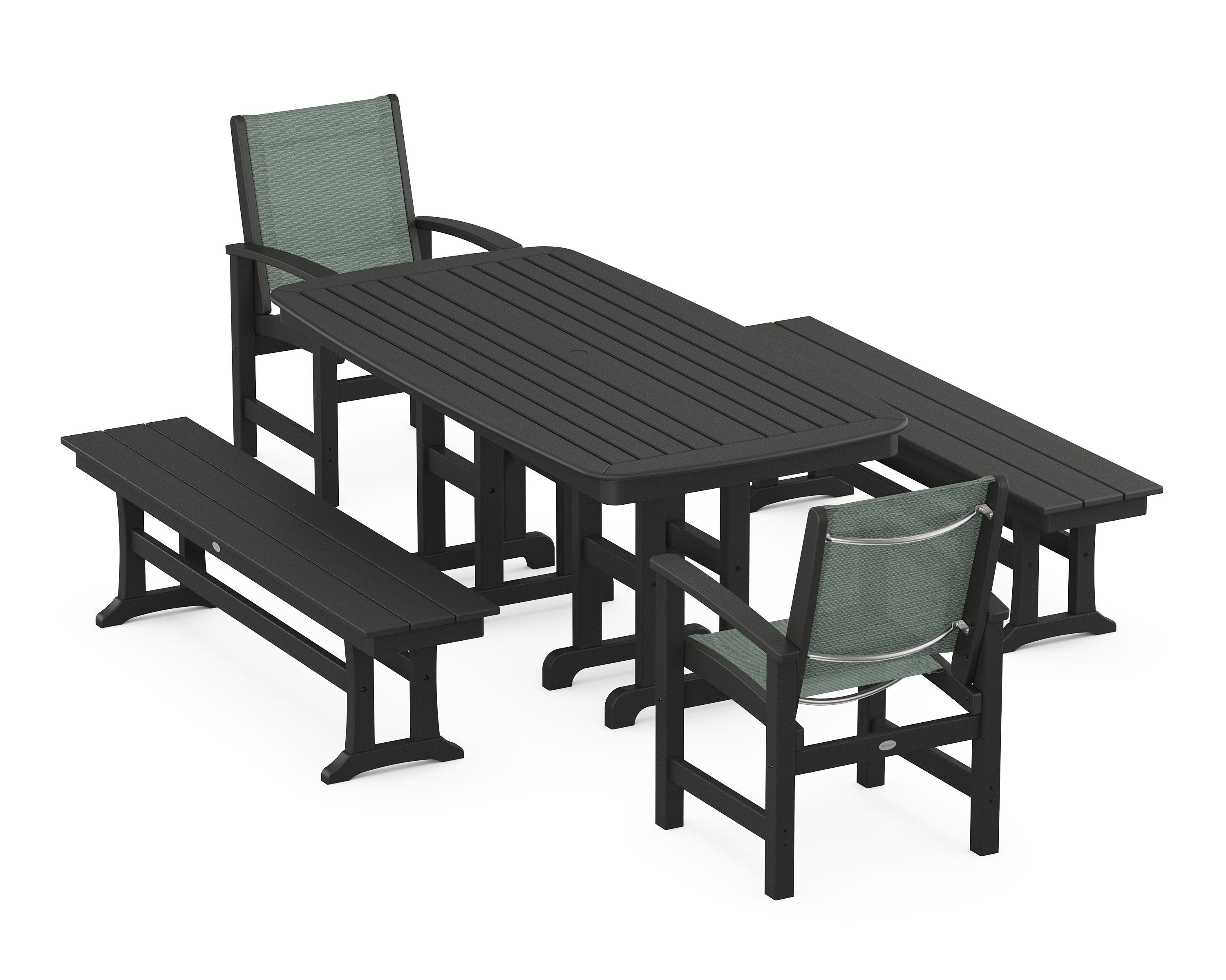 POLYWOOD® Coastal 5-Piece Dining Set in Black / Dupioni Sea Mist Sling