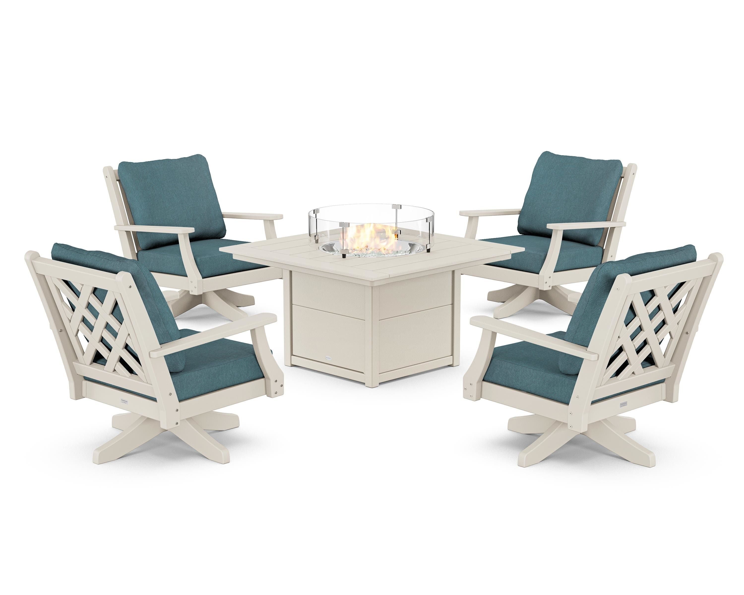 Country Living Wovendale 5-Piece Deep Seating Swivel Conversation Set with Fire Pit Table in Sand / Ocean Teal