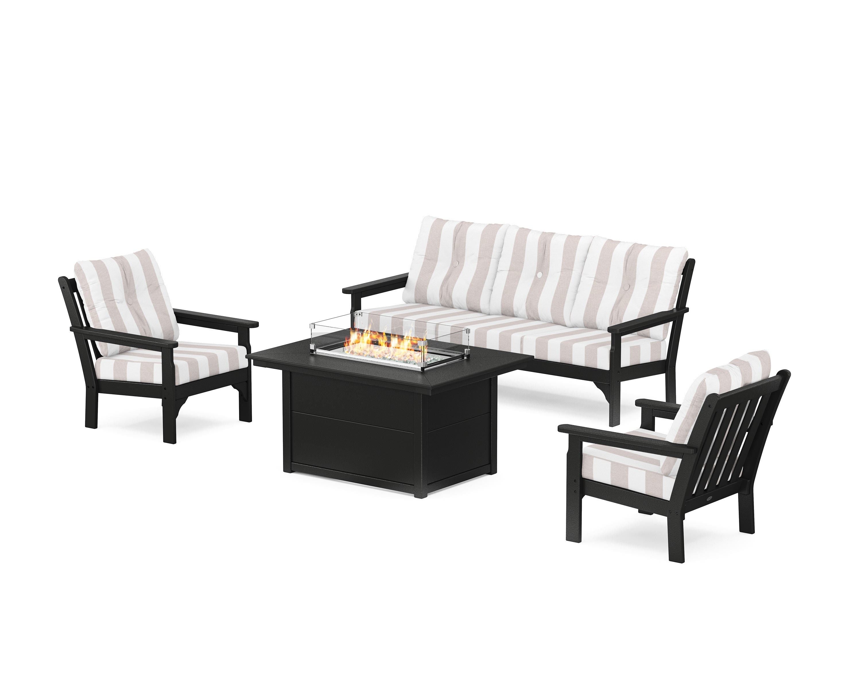 POLYWOOD® Vineyard Deep Seating Fire Pit Table Set in Black / Cabana Stripe Dune Burlap