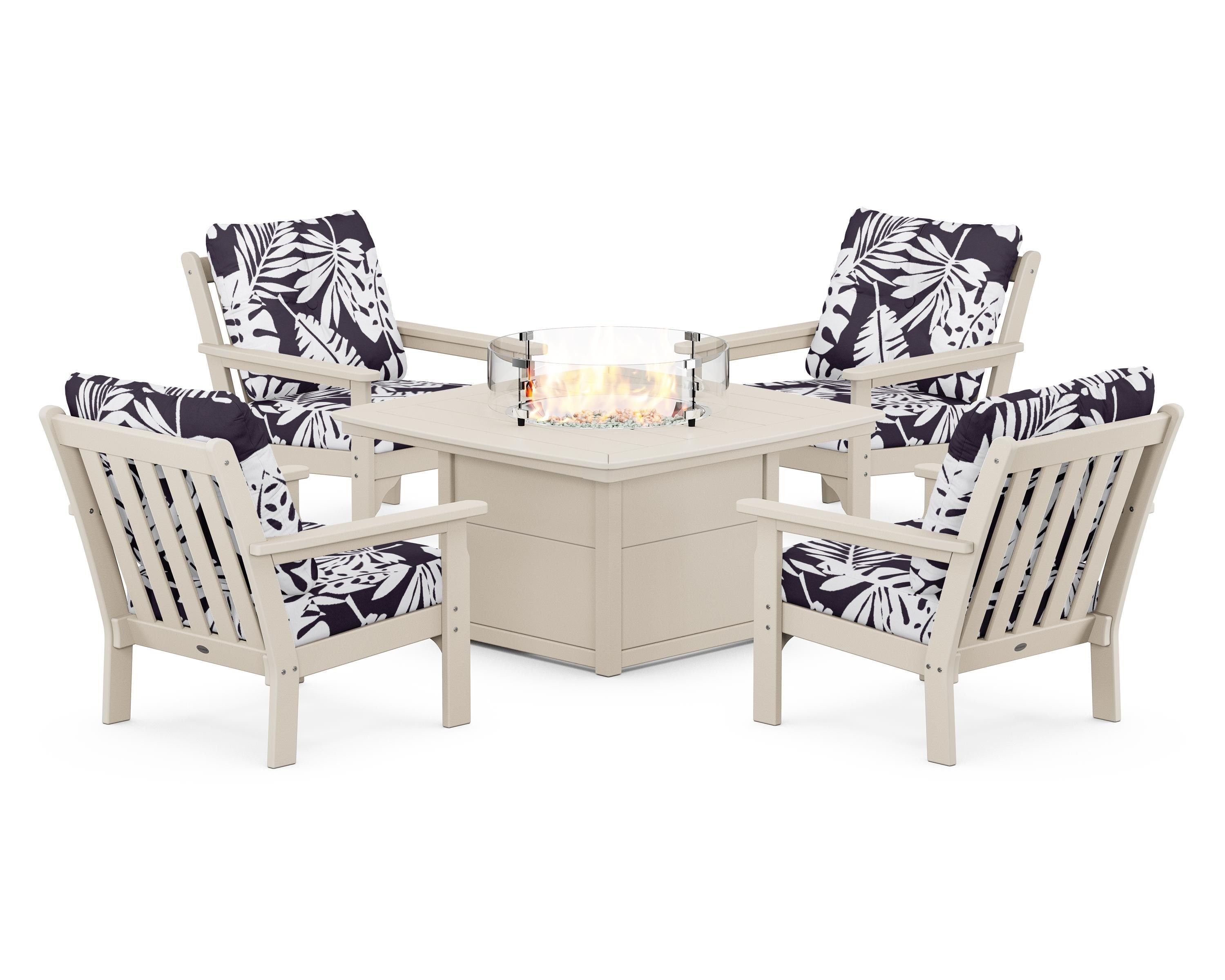 POLYWOOD® Vineyard 5-Piece Conversation Set with Fire Pit Table in Sand / Leaf Navy