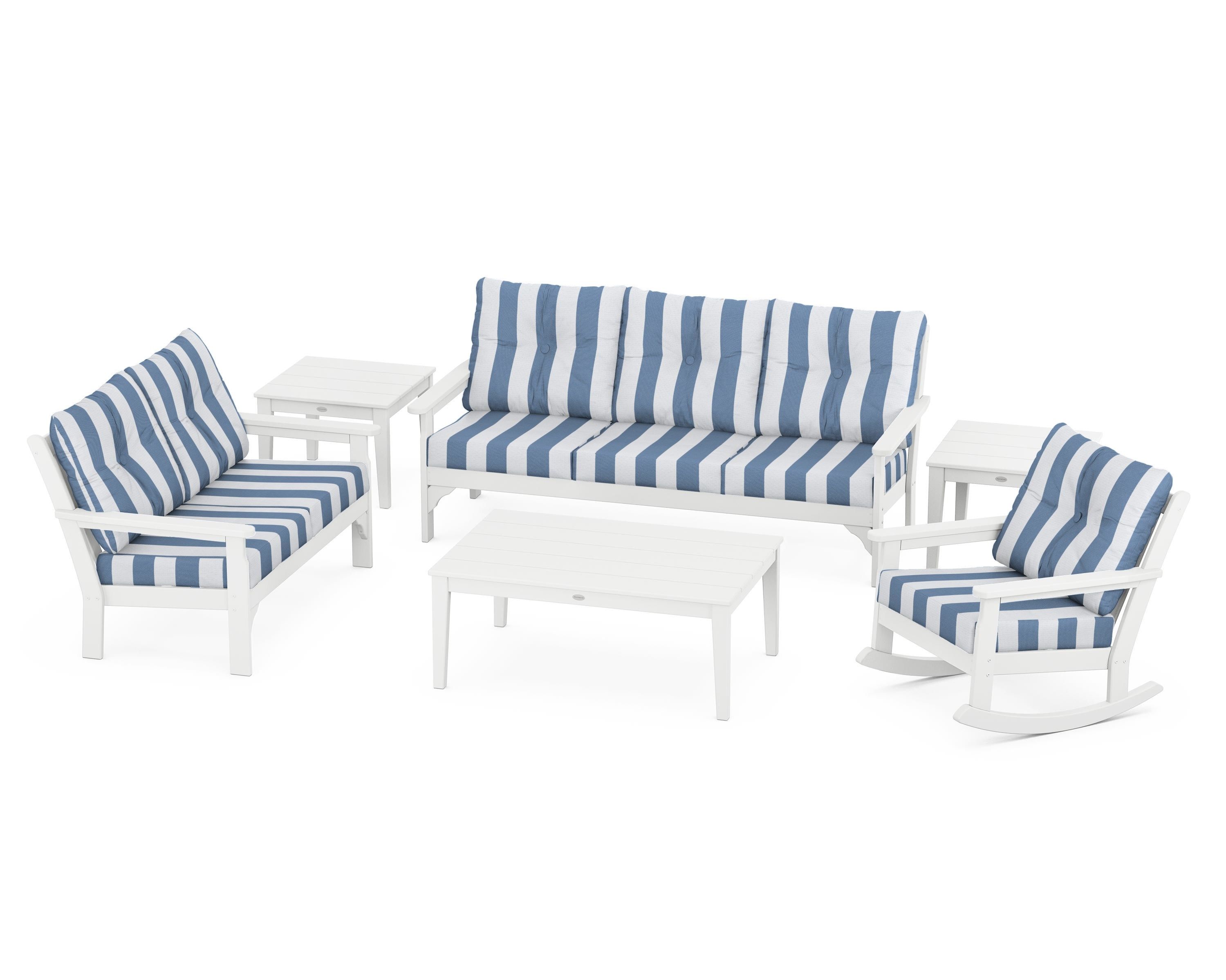 POLYWOOD® Vineyard 6-Piece Deep Seating Set in White / Cabana Stripe Sky Blue