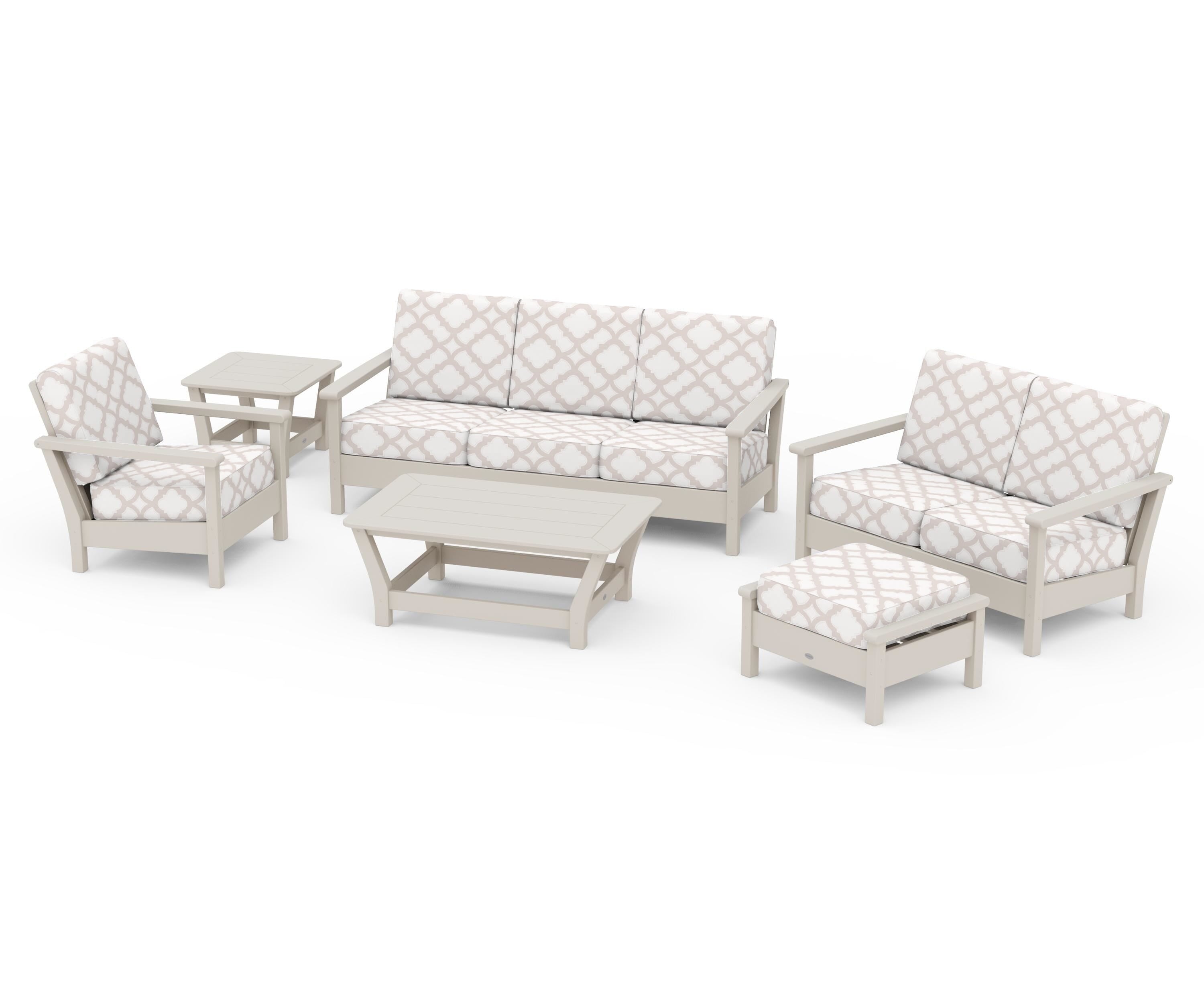 POLYWOOD® Harbour 6-Piece Outdoor Living Set in Sand / Trellis Dune Burlap