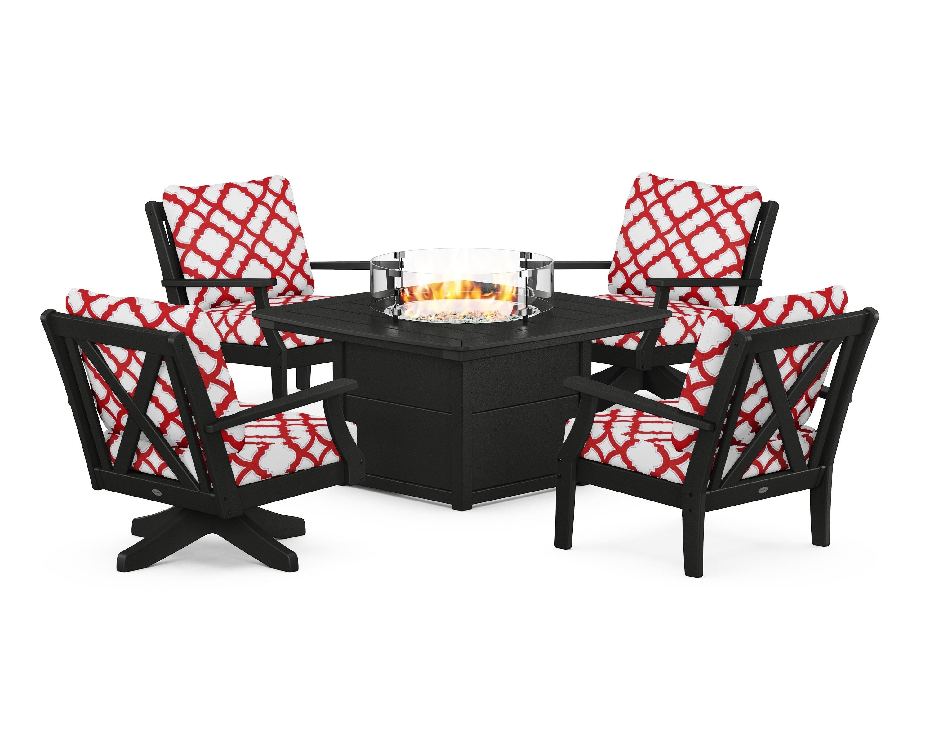 POLYWOOD® Braxton 5-Piece Deep Seating Set with Fire Table in Black / Trellis Crimson