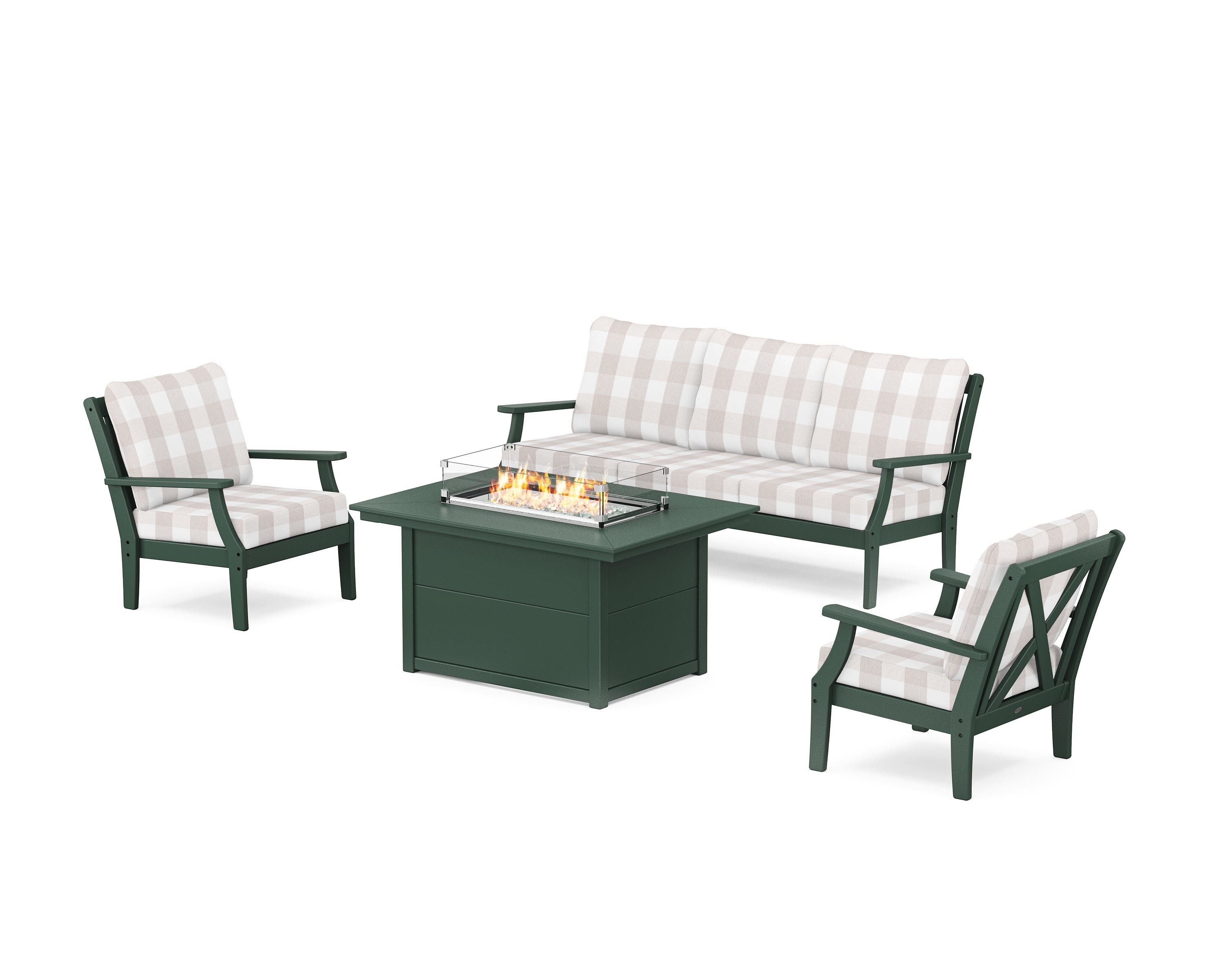 POLYWOOD® Braxton Deep Seating Fire Pit Table Set in Green / Buffalo Plaid Dune Burlap