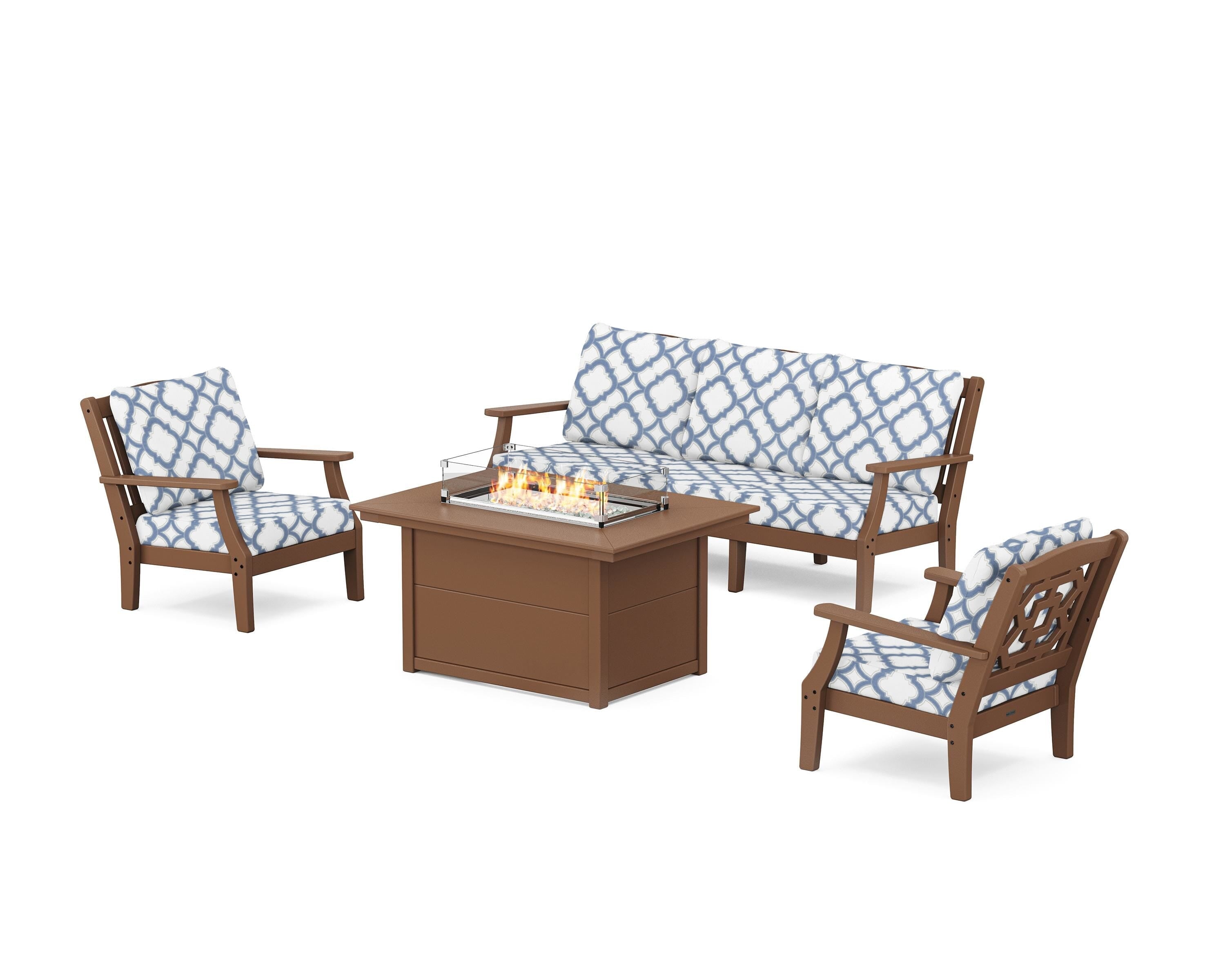 Martha Stewart by POLYWOOD® Chinoiserie Deep Seating Fire Pit Table Set in Teak / Trellis Sky Blue