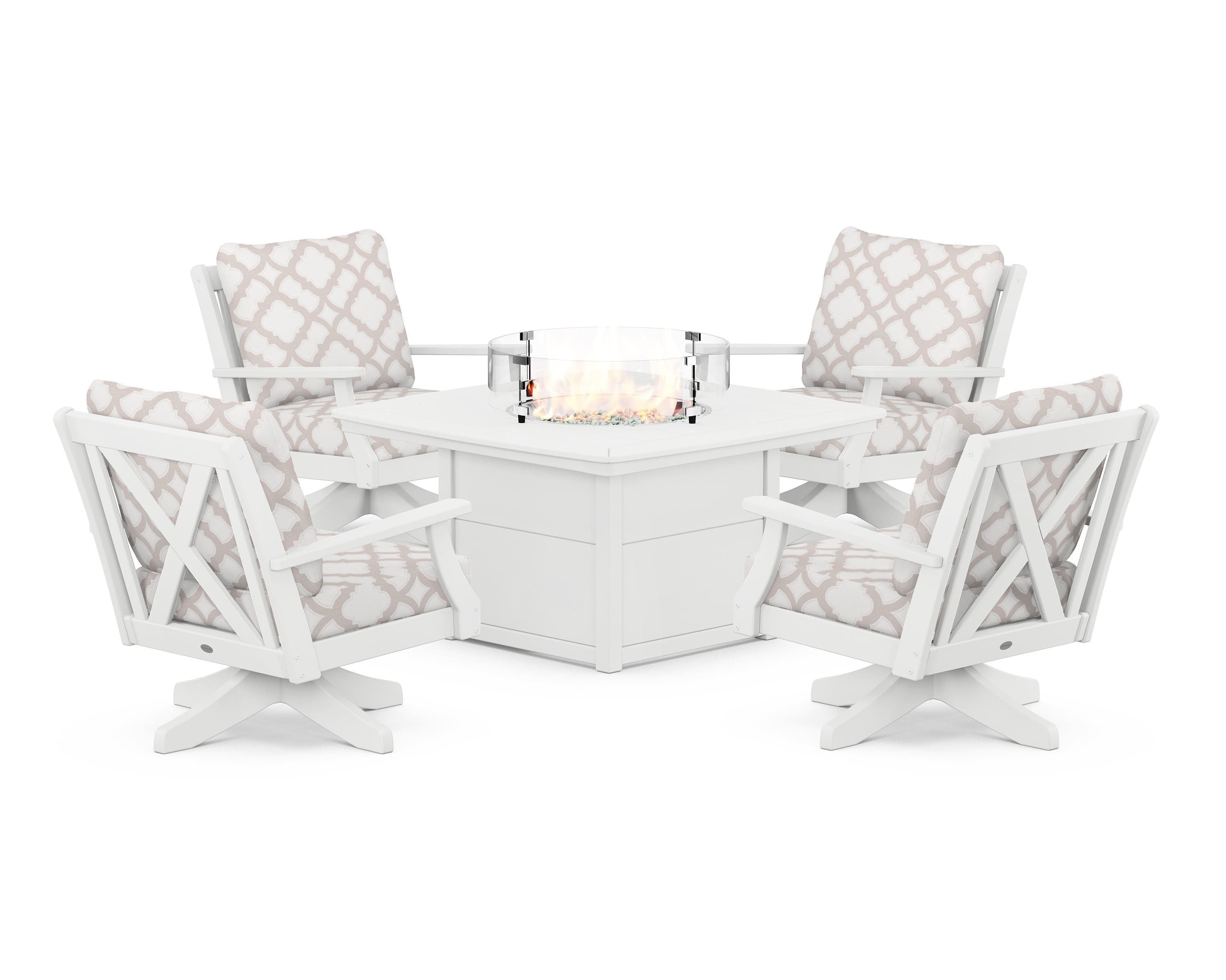 POLYWOOD® Braxton 5-Piece Deep Seating Swivel Conversation Set with Fire Pit Table in White / Trellis Dune Burlap