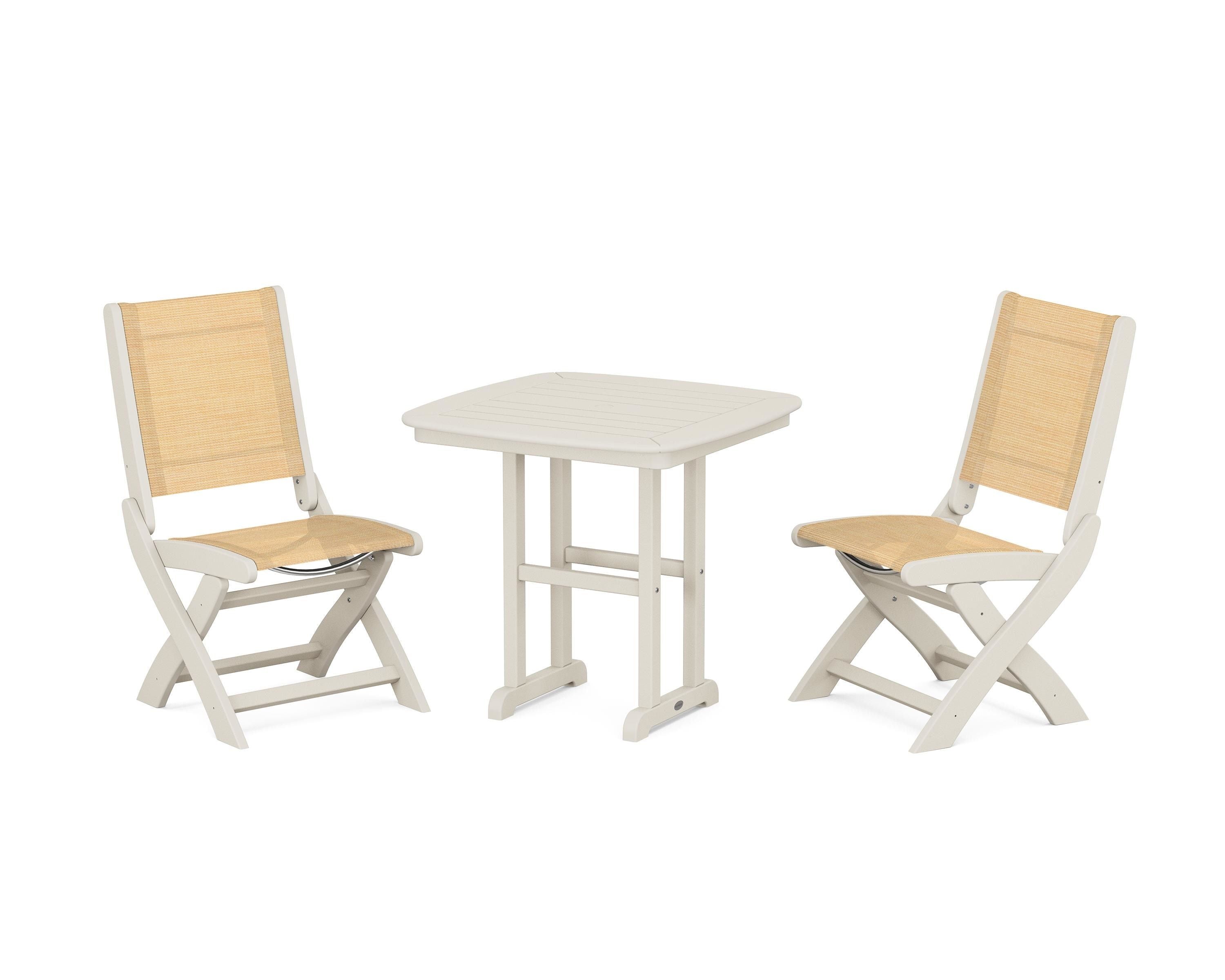 POLYWOOD® Coastal Folding Side Chair 3-Piece Dining Set in Sand / Dupioni Apricot Sling