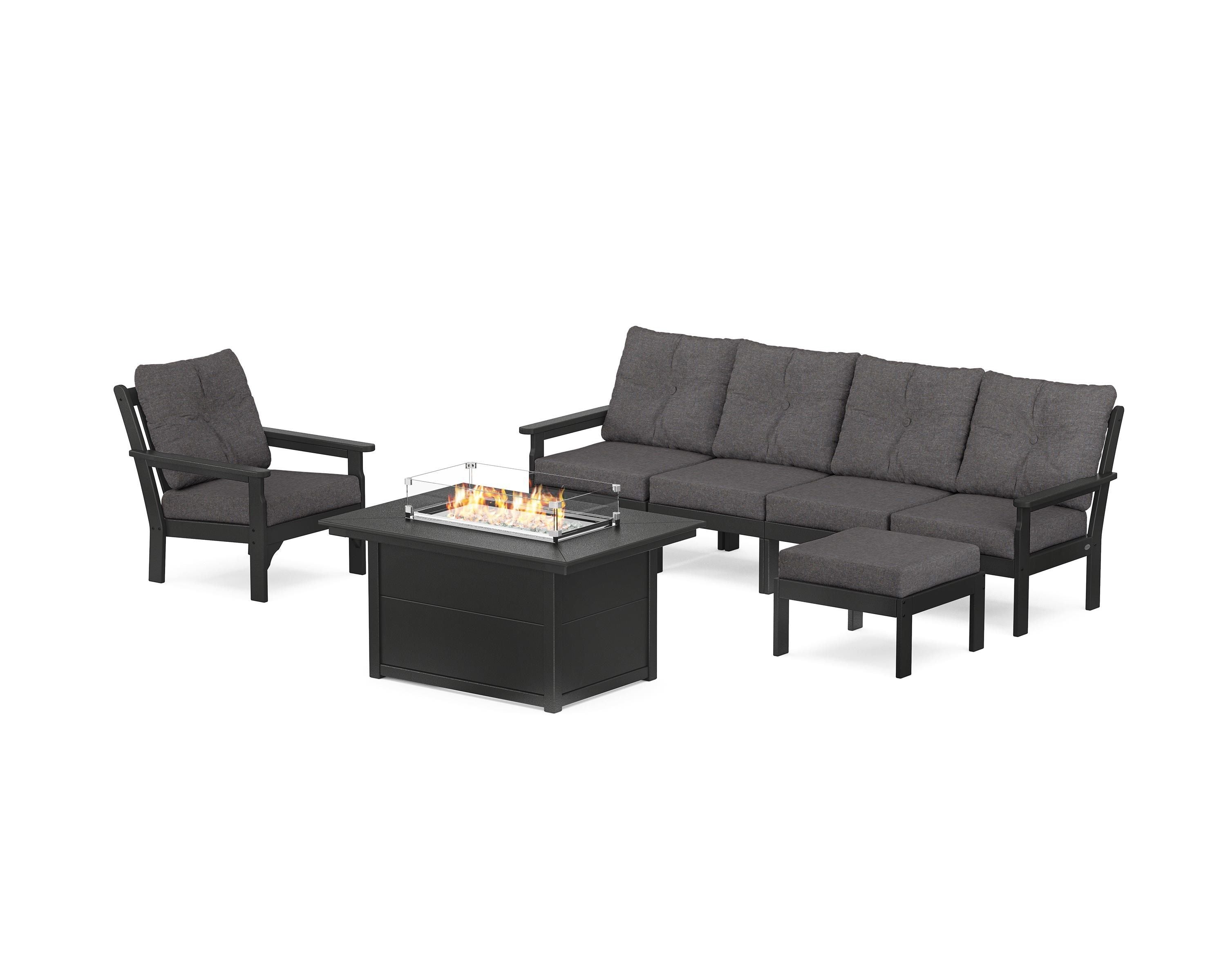 POLYWOOD® Vineyard Sectional Lounge and Fire Pit Set in Black / Ash Charcoal