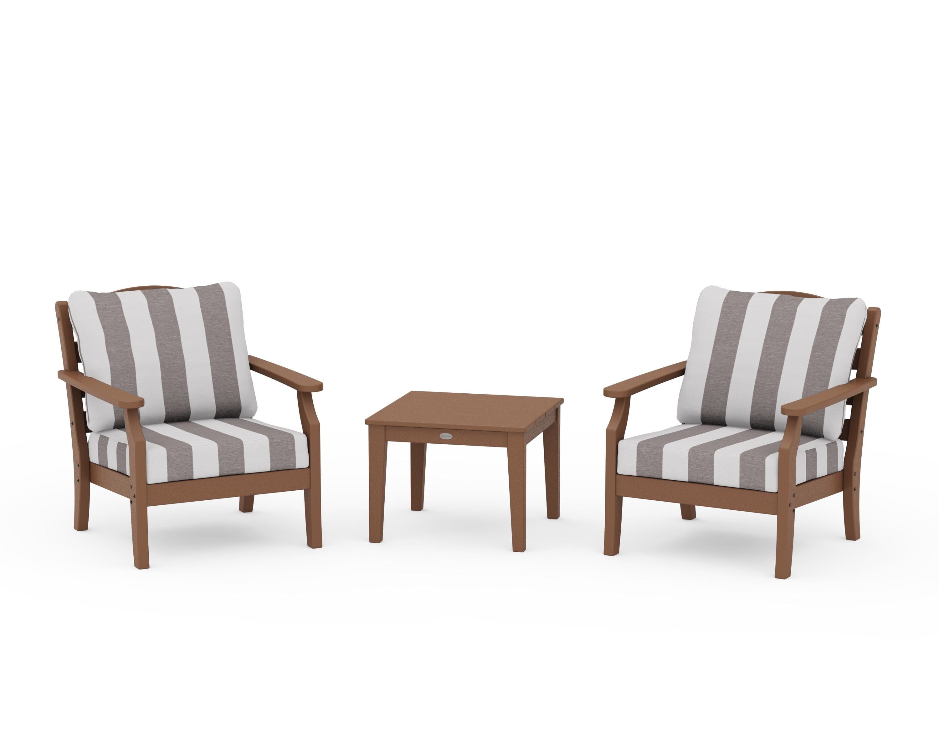Draper James™ by POLYWOOD® Savannah 3-Piece Deep Seating Set in Teak / Cabana Stripe Grey Mist