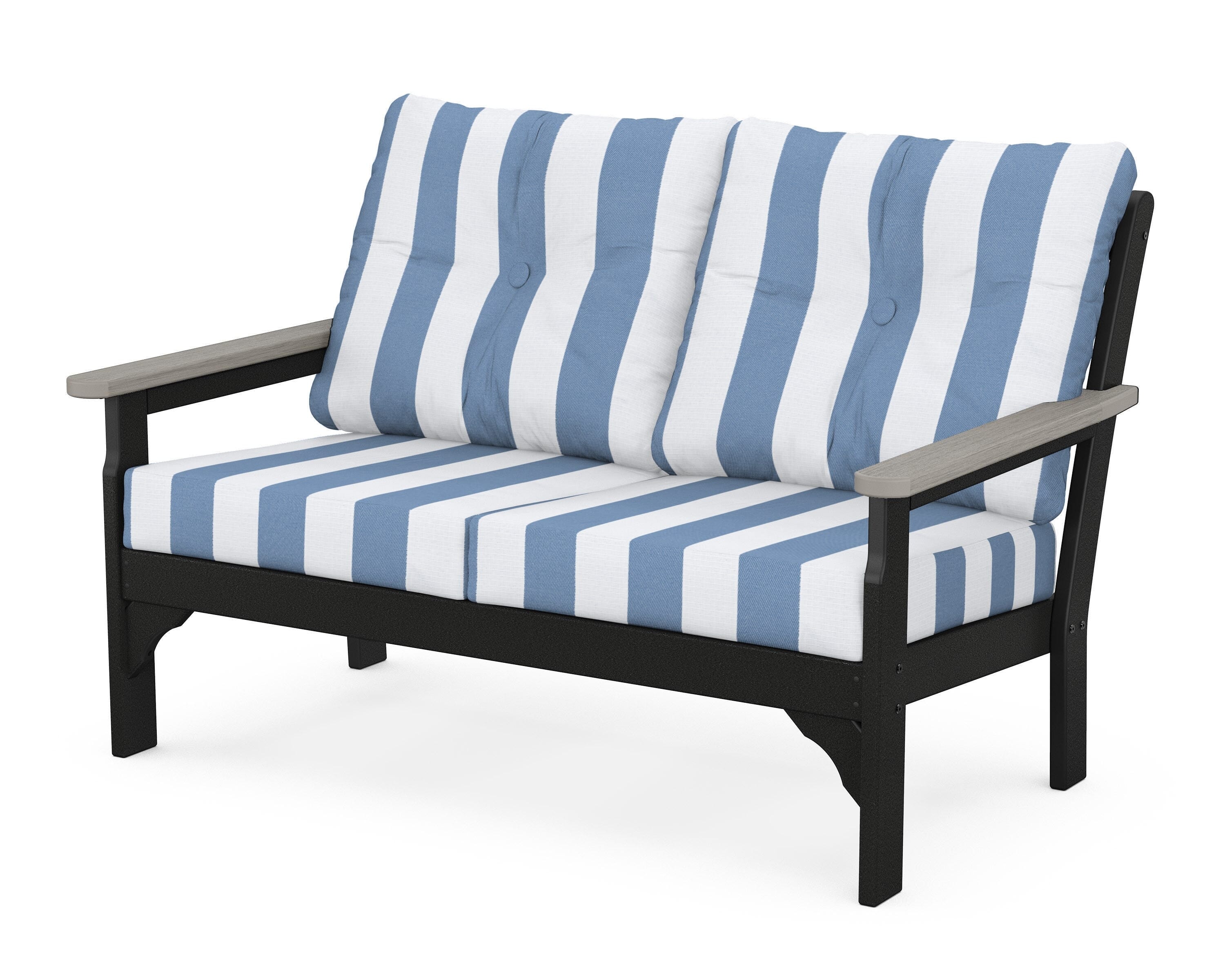 POLYWOOD® Vineyard Deep Seating Loveseat in Black / Driftwood / Cabana Stripe Sky Blue