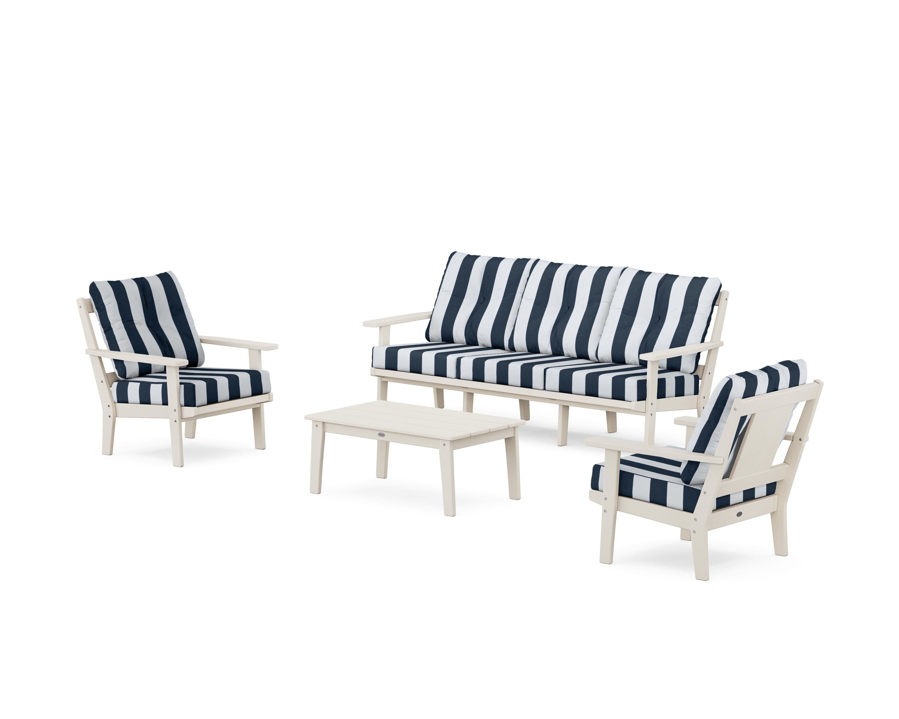 POLYWOOD® Prairie 4-Piece Deep Seating Set with Sofa in Sand / Cabana Stripe Marine Indigo