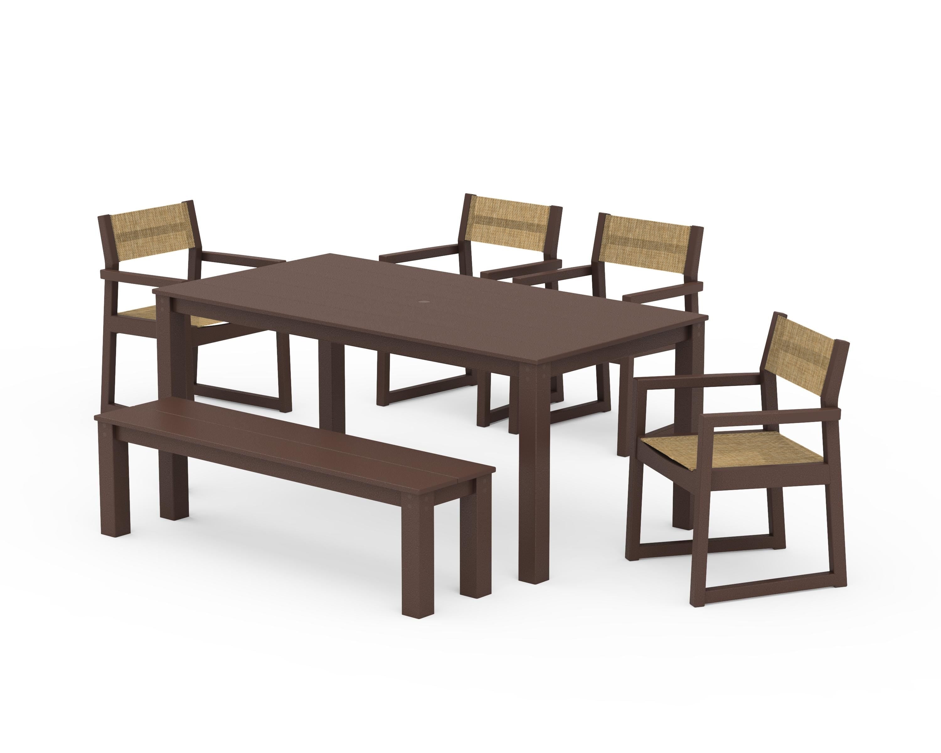 POLYWOOD® EDGE Sling Arm Chair 6-Piece Parsons Dining Set with Bench in Mahogany / Burlap Sling