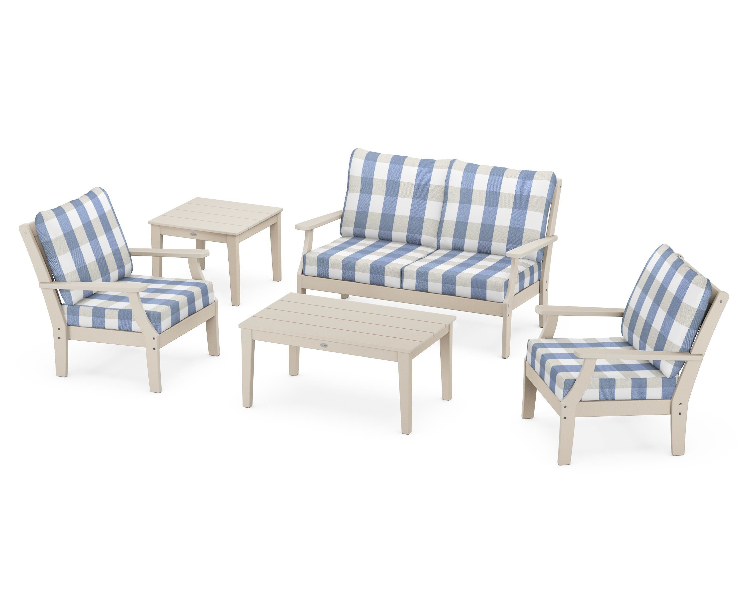 POLYWOOD® Braxton 5-Piece Deep Seating Set in Sand / Buffalo Plaid Sky Blue