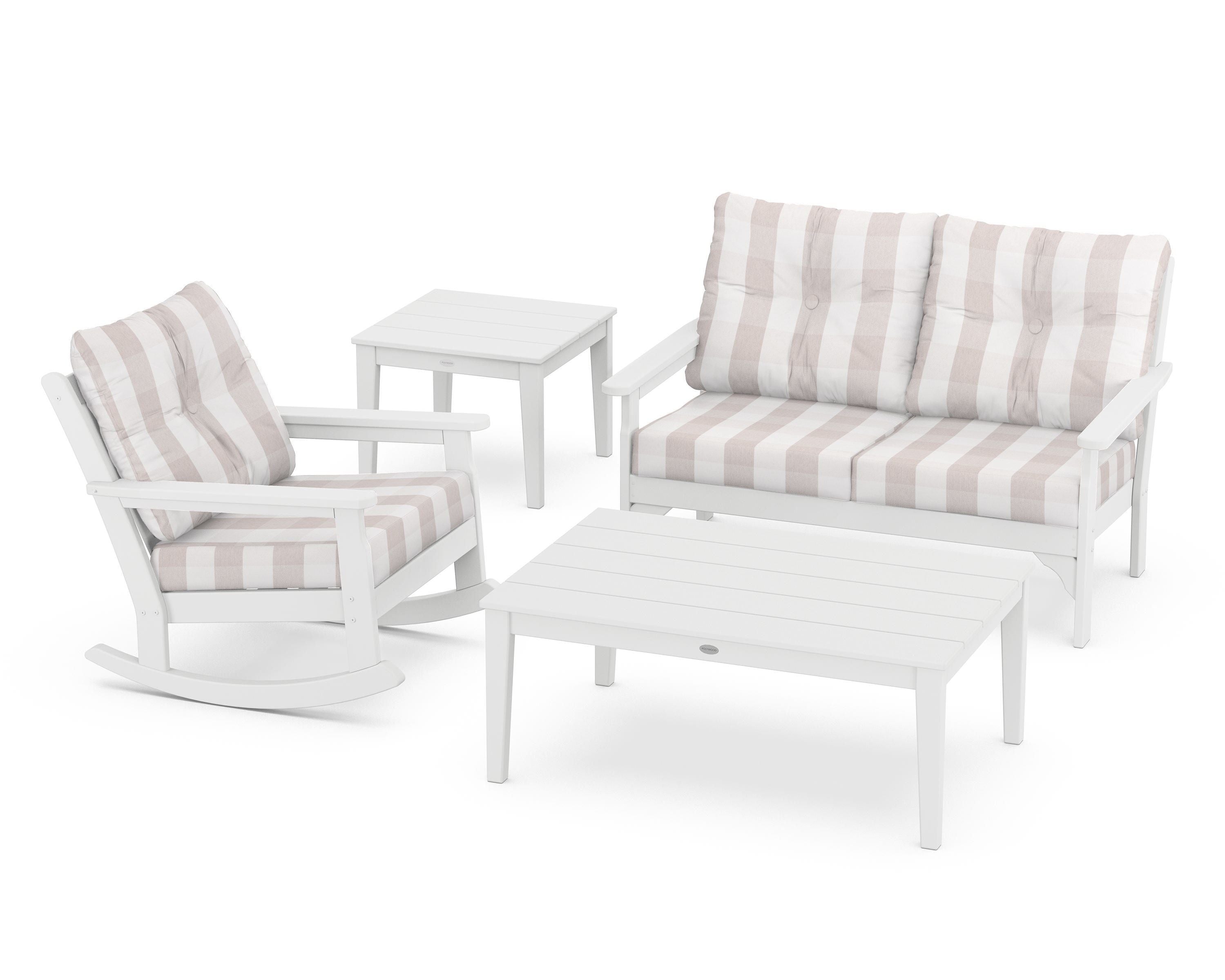 POLYWOOD® Vineyard 4-Piece Deep Seating Rocker Set in White / Buffalo Plaid Dune Burlap