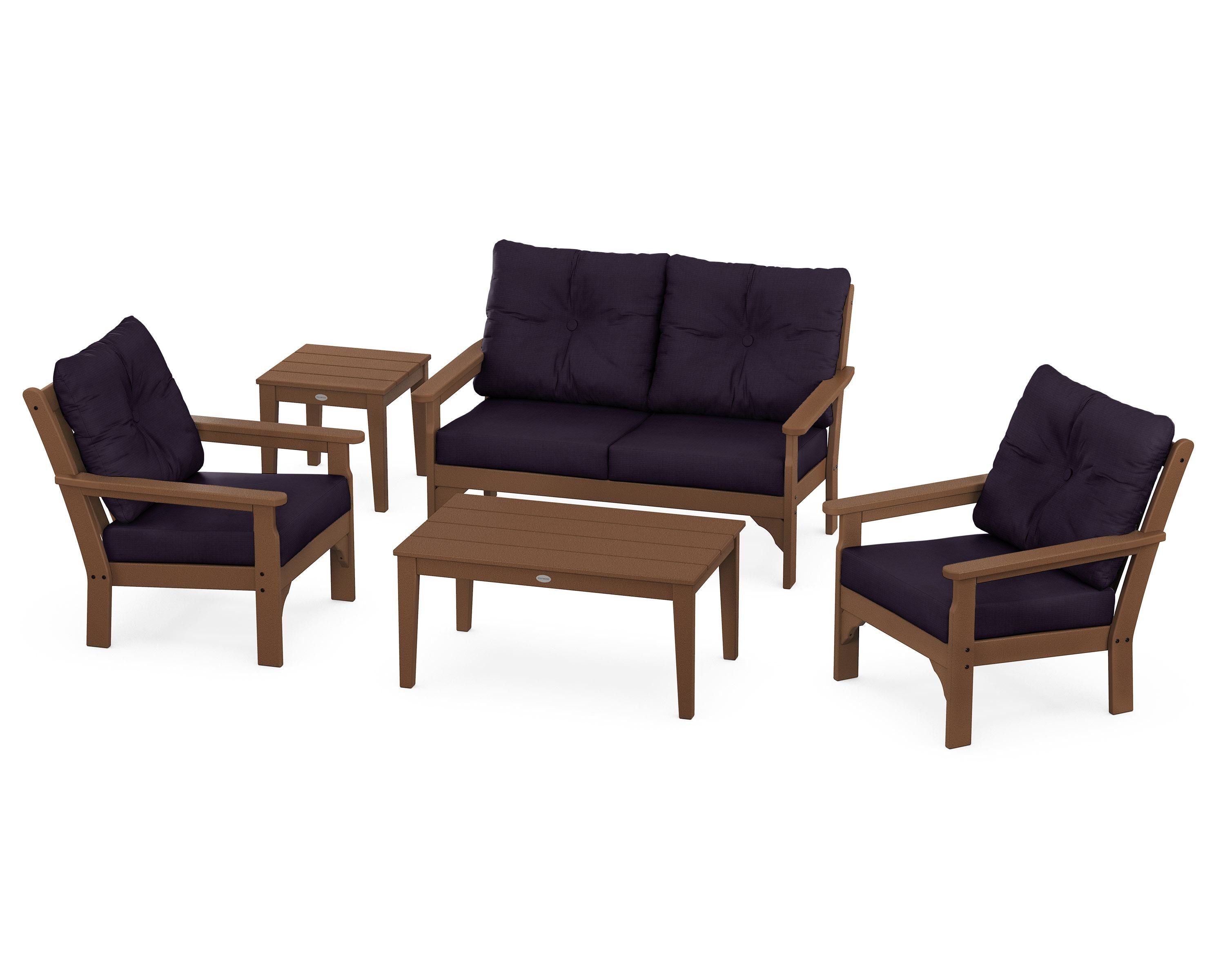 POLYWOOD® Vineyard 5-Piece Deep Seating Set in Teak / Navy Linen