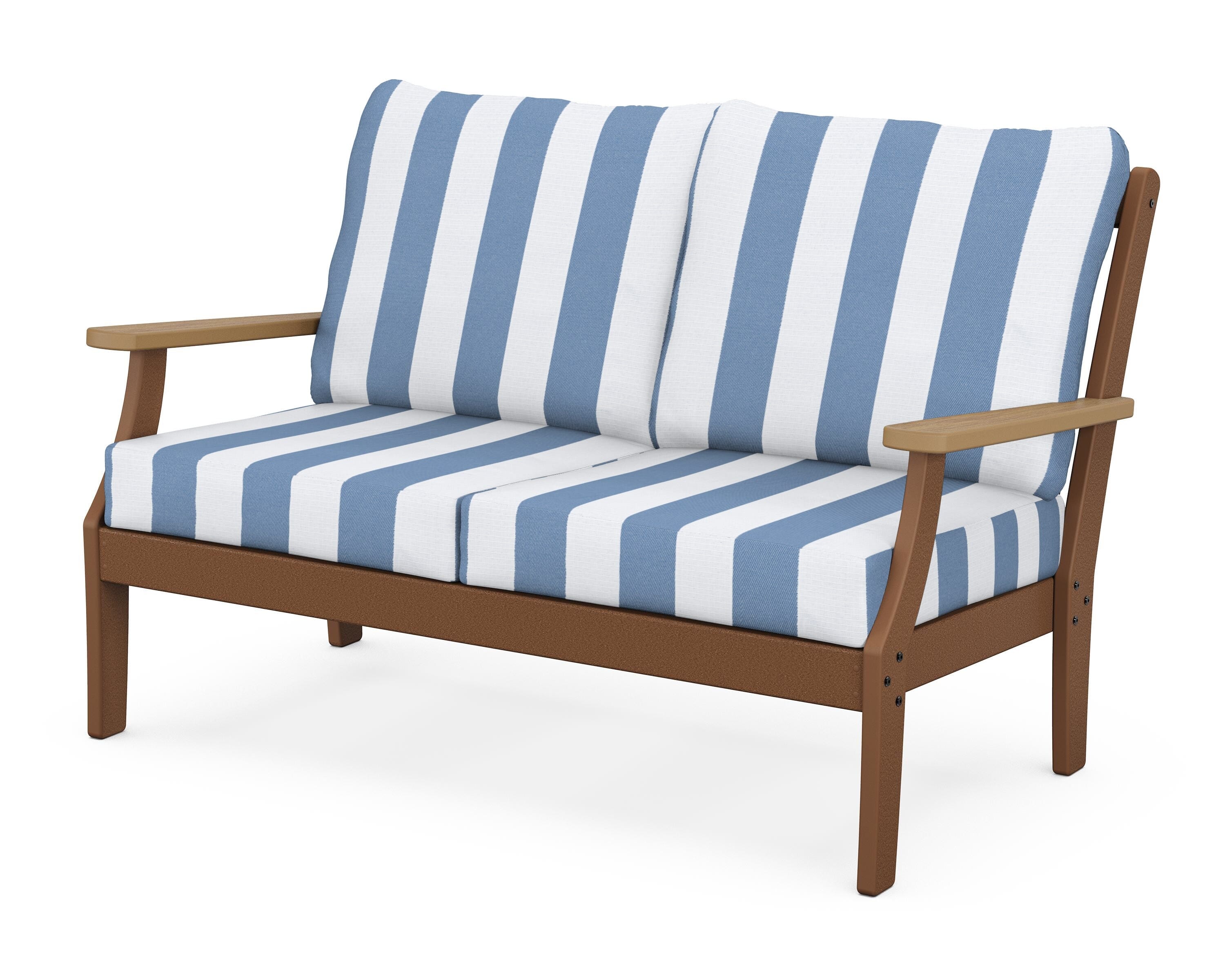 POLYWOOD® Braxton Deep Seating Loveseat in Teak / Natural / Cabana Stripe Sky Blue