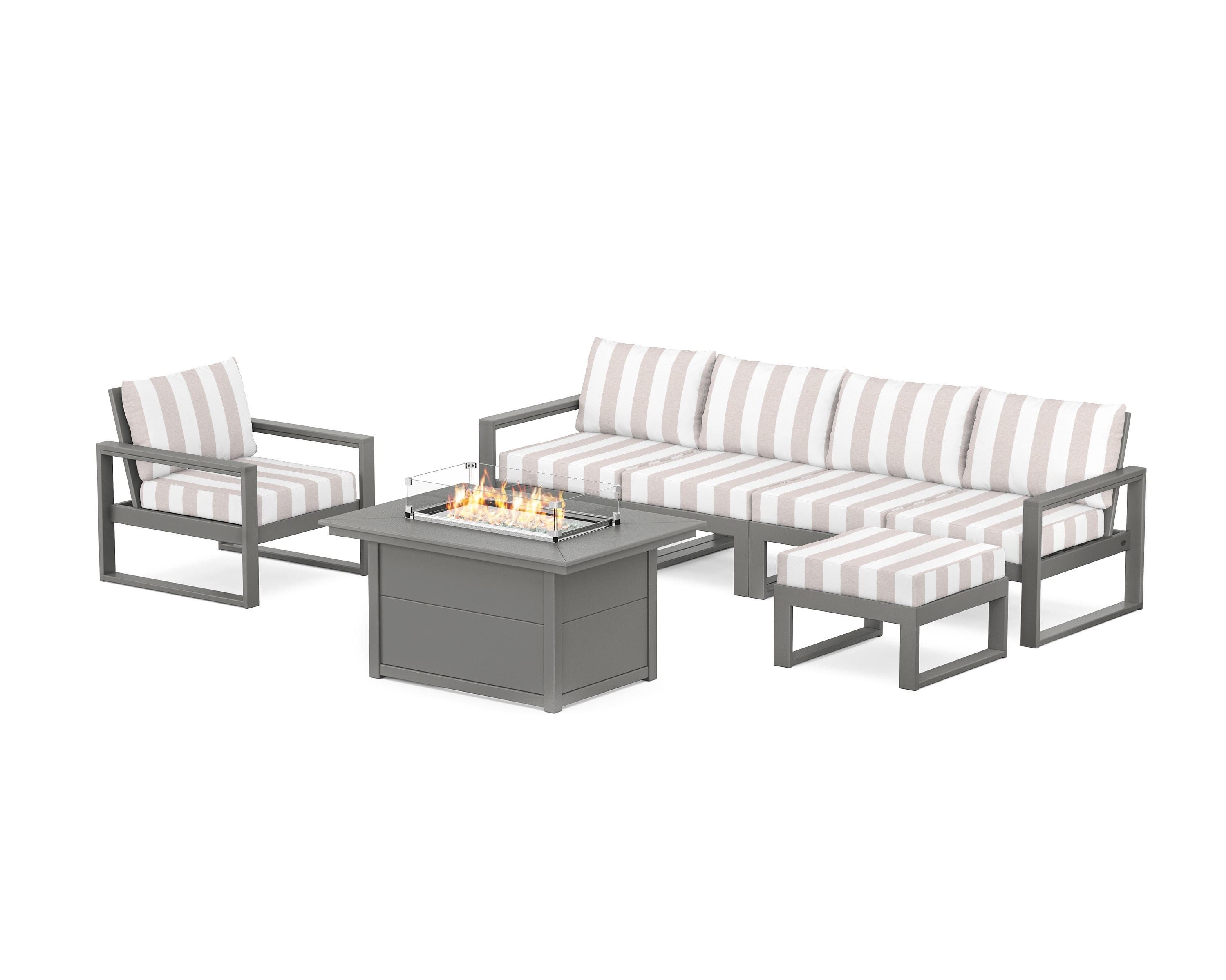POLYWOOD® EDGE Sectional Lounge and Fire Pit Set in Slate Grey / Cabana Stripe Dune Burlap