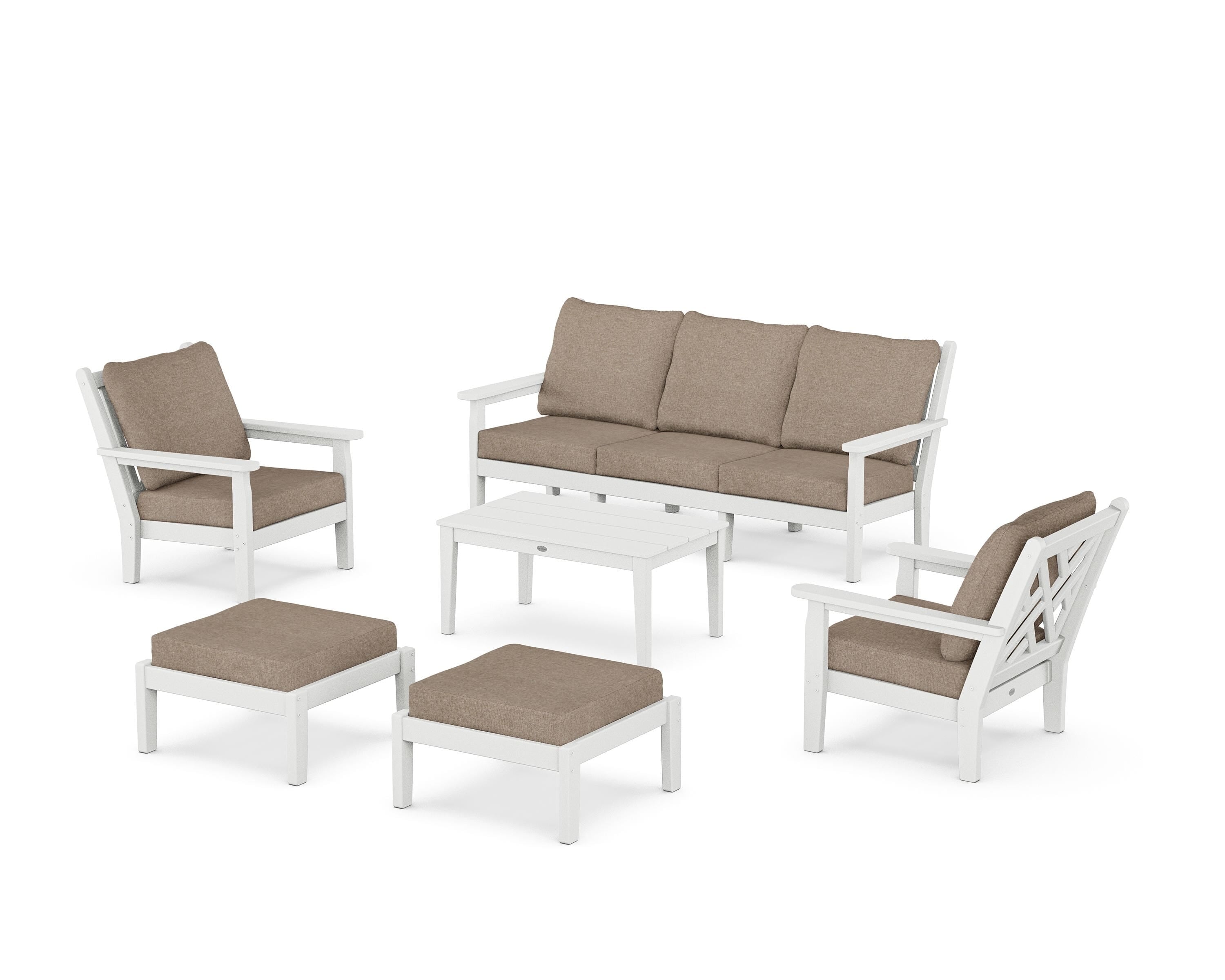 POLYWOOD® Chippendale 6-Piece Lounge Sofa Set in White / Spiced Burlap