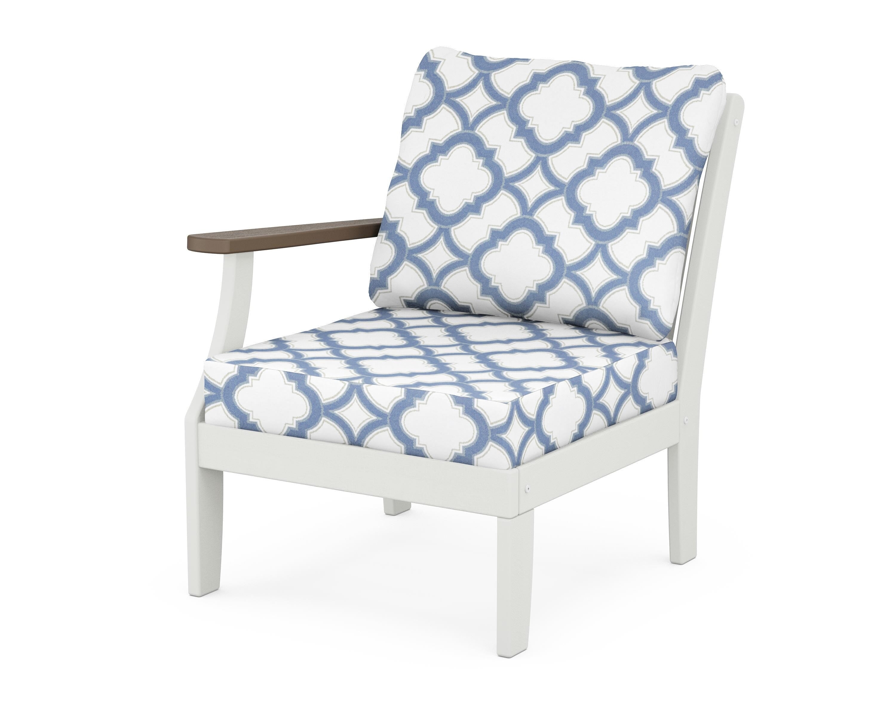 POLYWOOD® Braxton Modular Left Arm Chair in White / Kona / Trellis Sky Blue