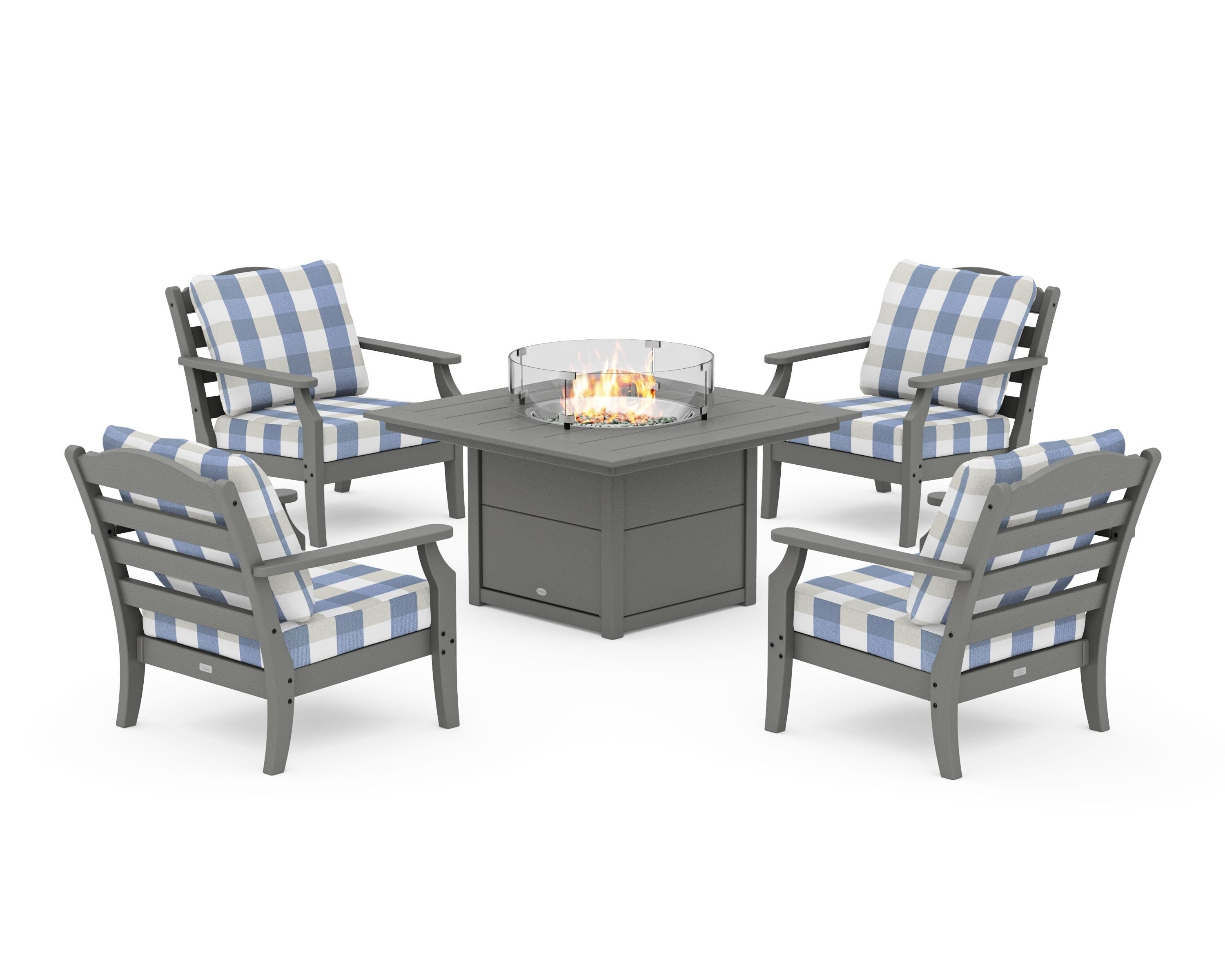 Draper James™ by POLYWOOD® Savannah 5-Piece Deep Seating Set with Fire Pit Table in Slate Grey / Buffalo Plaid Sky Blue