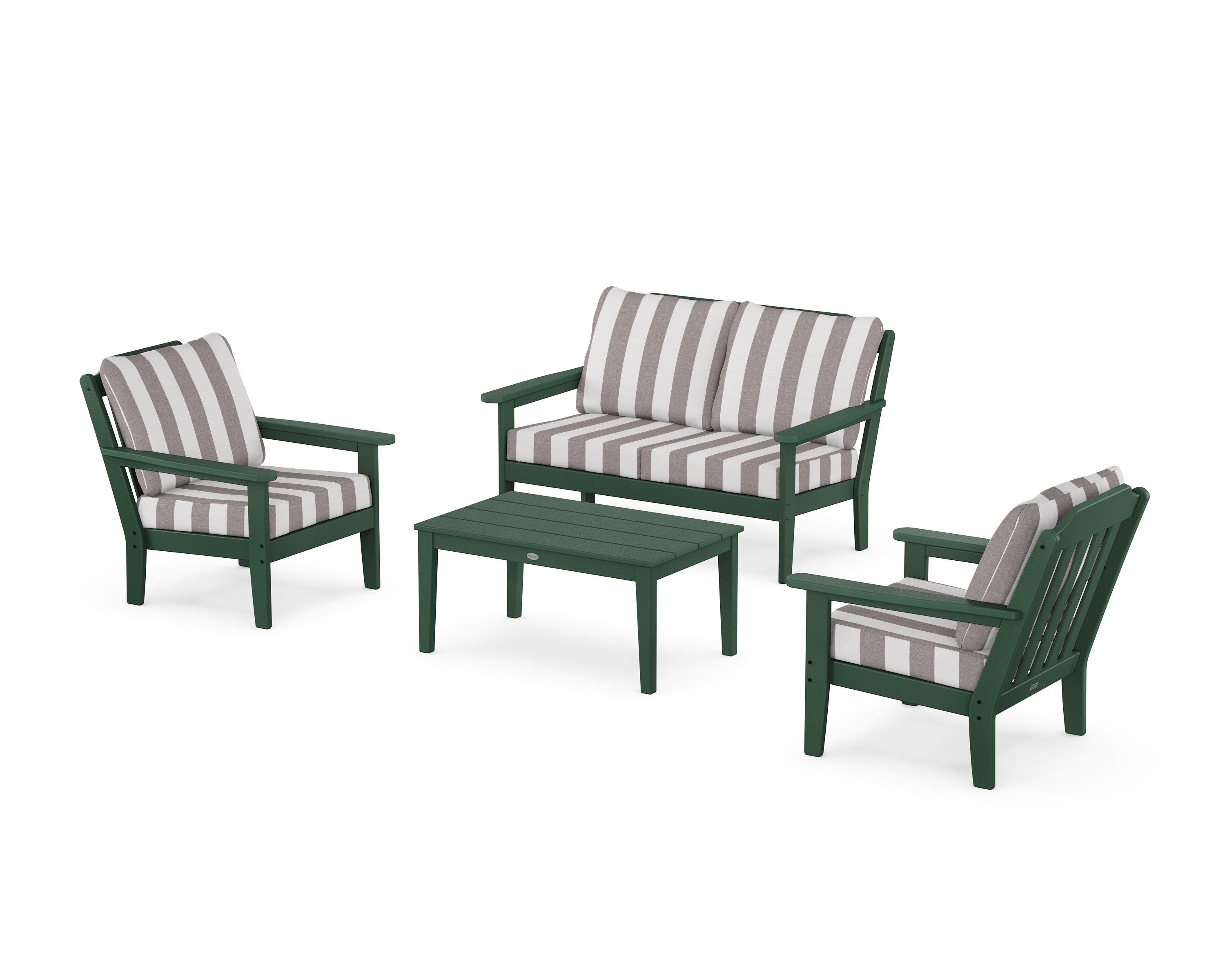 Country Living Cottage 4-Piece Deep Seating Set with Loveseat in Green / Cabana Stripe Grey Mist