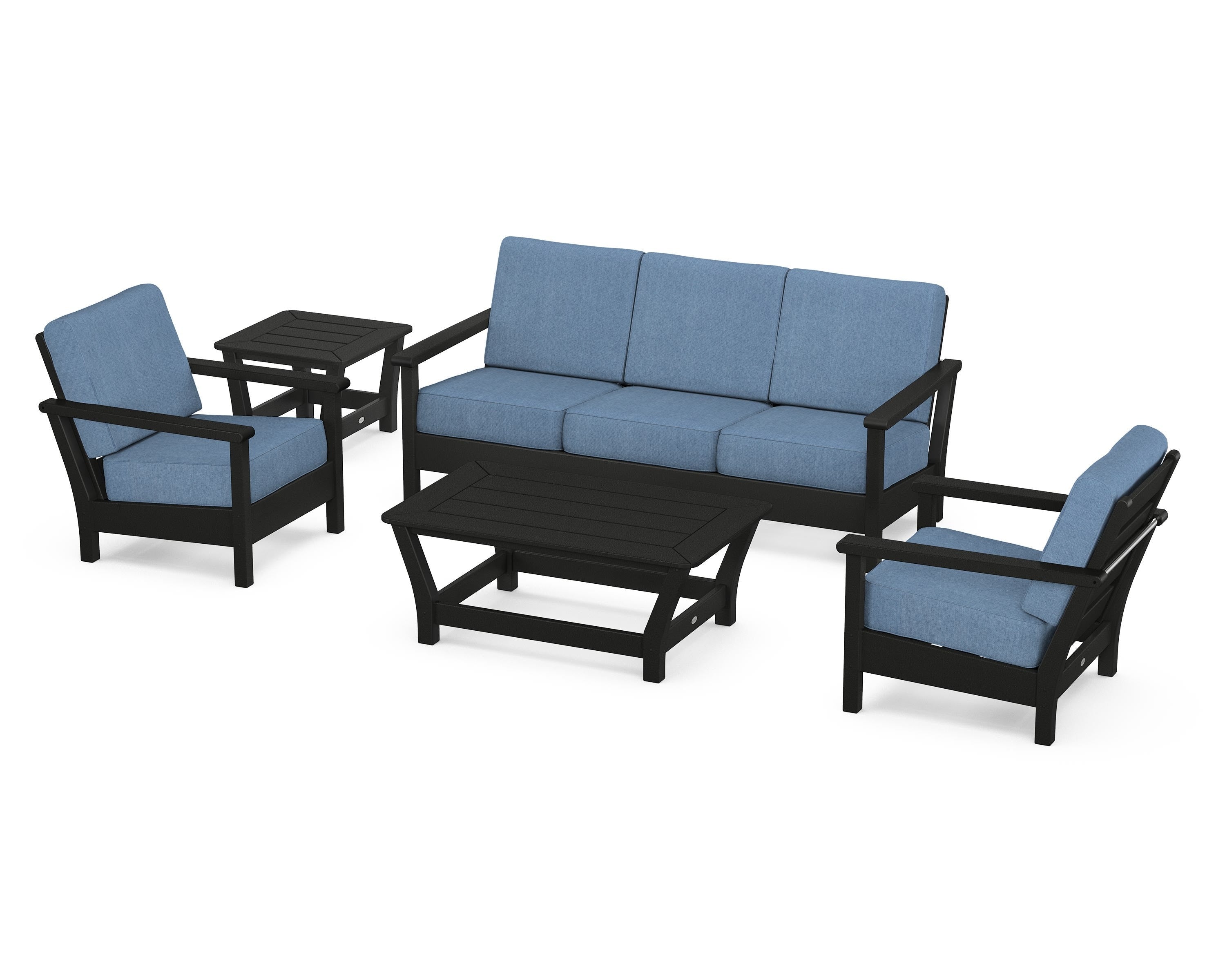 POLYWOOD® Harbour 5-Piece Deep Seating Set in Black / Sky Blue