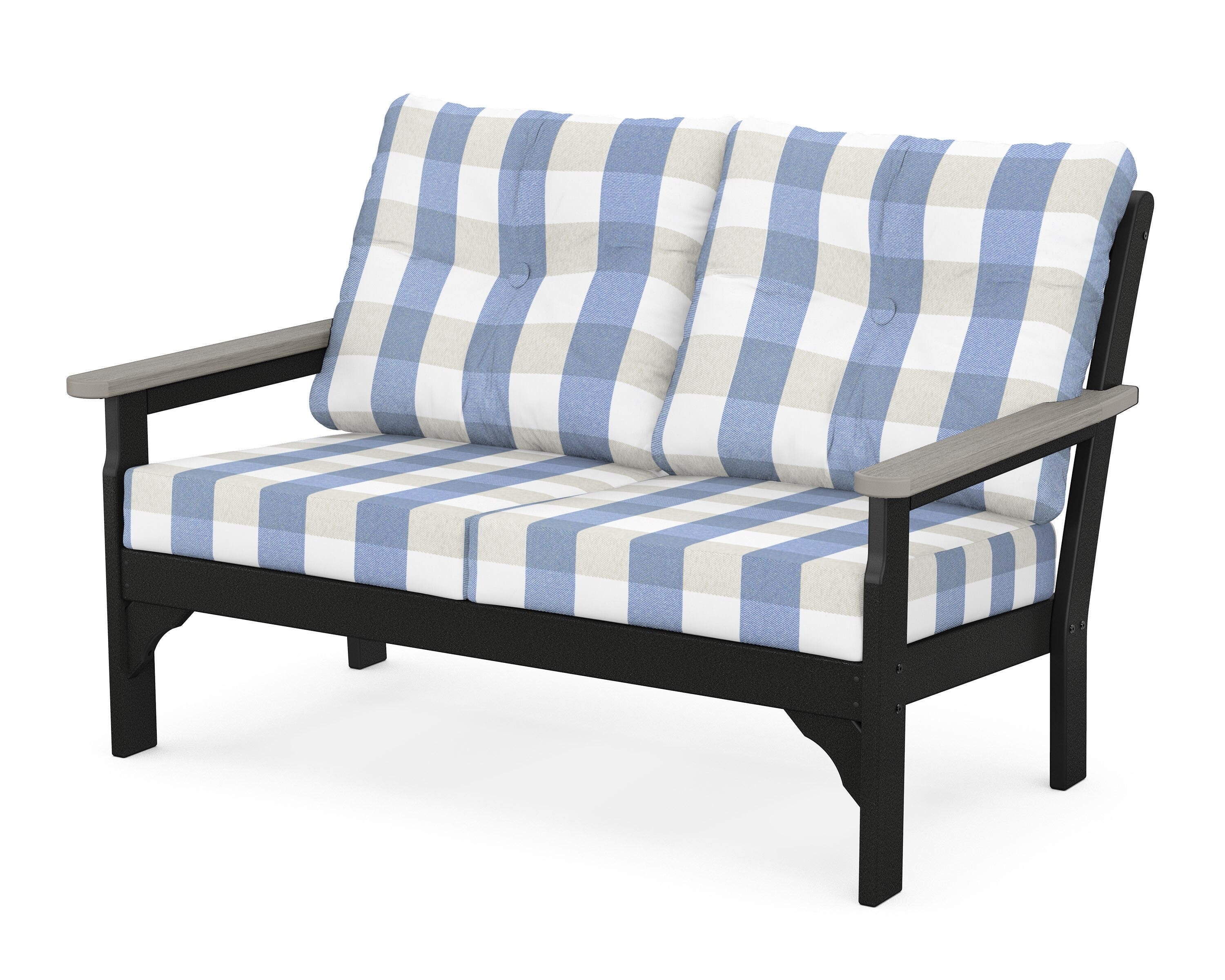 POLYWOOD® Vineyard Deep Seating Loveseat in Black / Driftwood / Buffalo Plaid Sky Blue