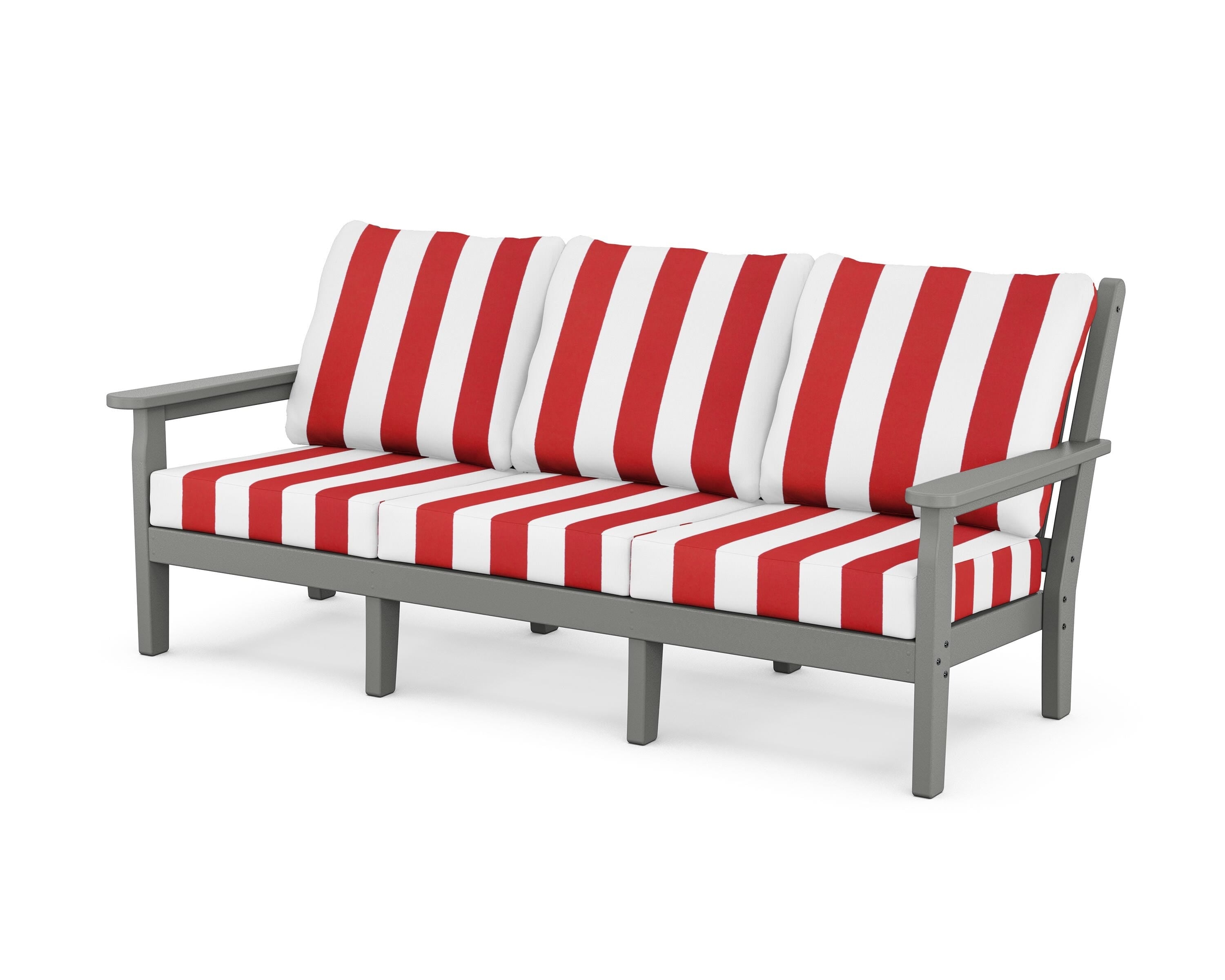 POLYWOOD® Chippendale Deep Seating Sofa in Slate Grey / Cabana Stripe Crimson