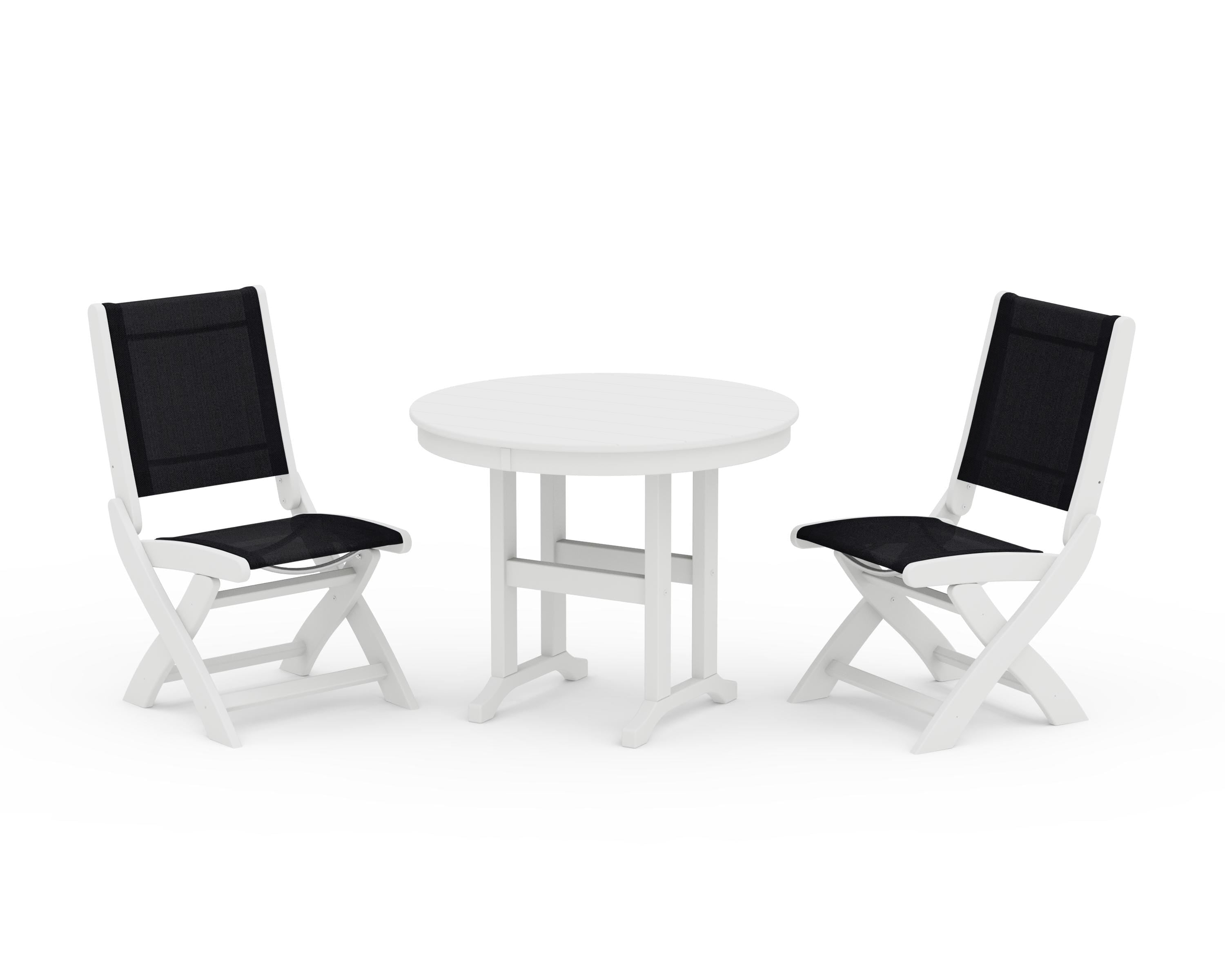 POLYWOOD® Coastal Folding Side Chair 3-Piece Round Dining Set in White / Black Sling
