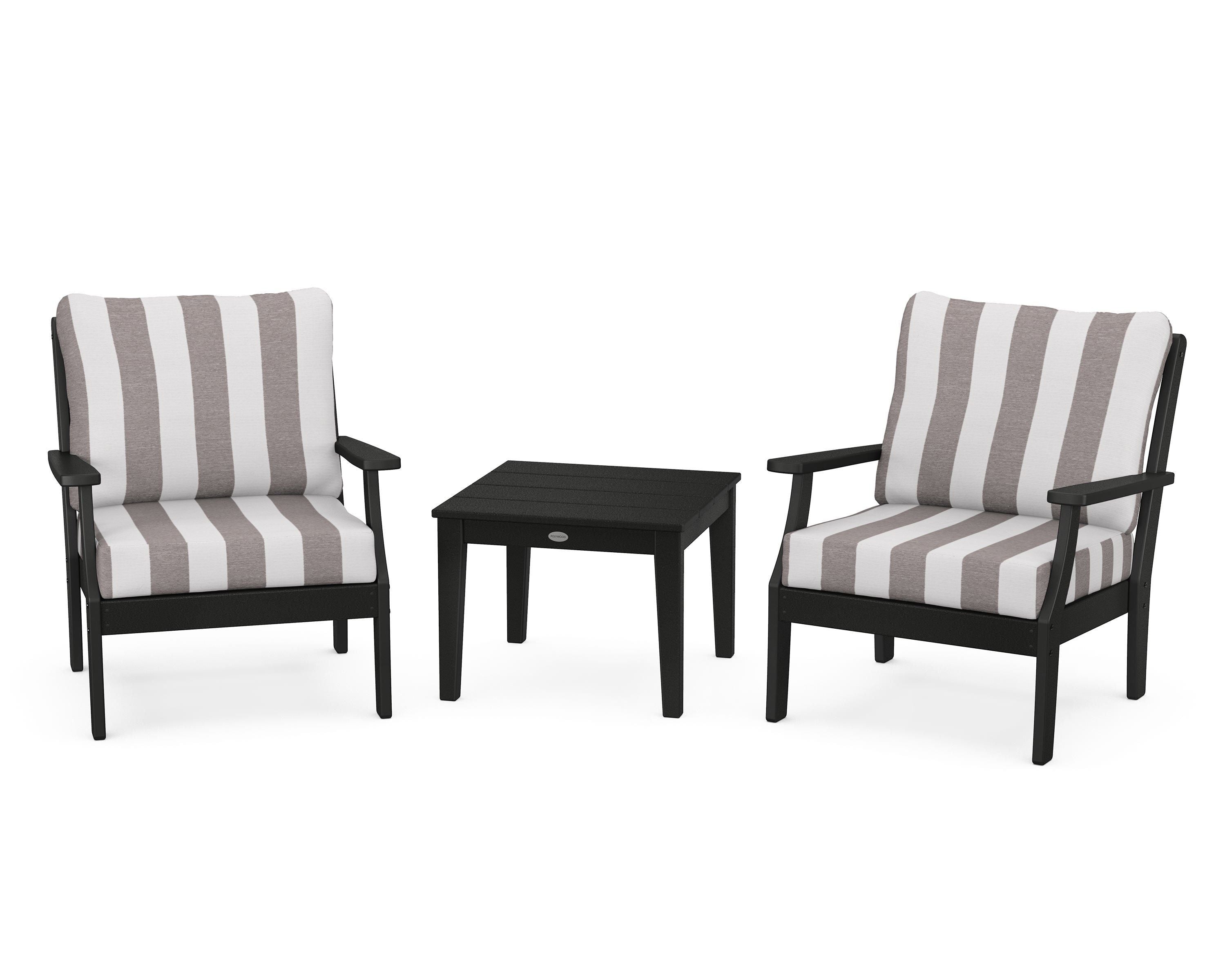 POLYWOOD® Braxton 3-Piece Deep Seating Set in Black / Cabana Stripe Grey Mist