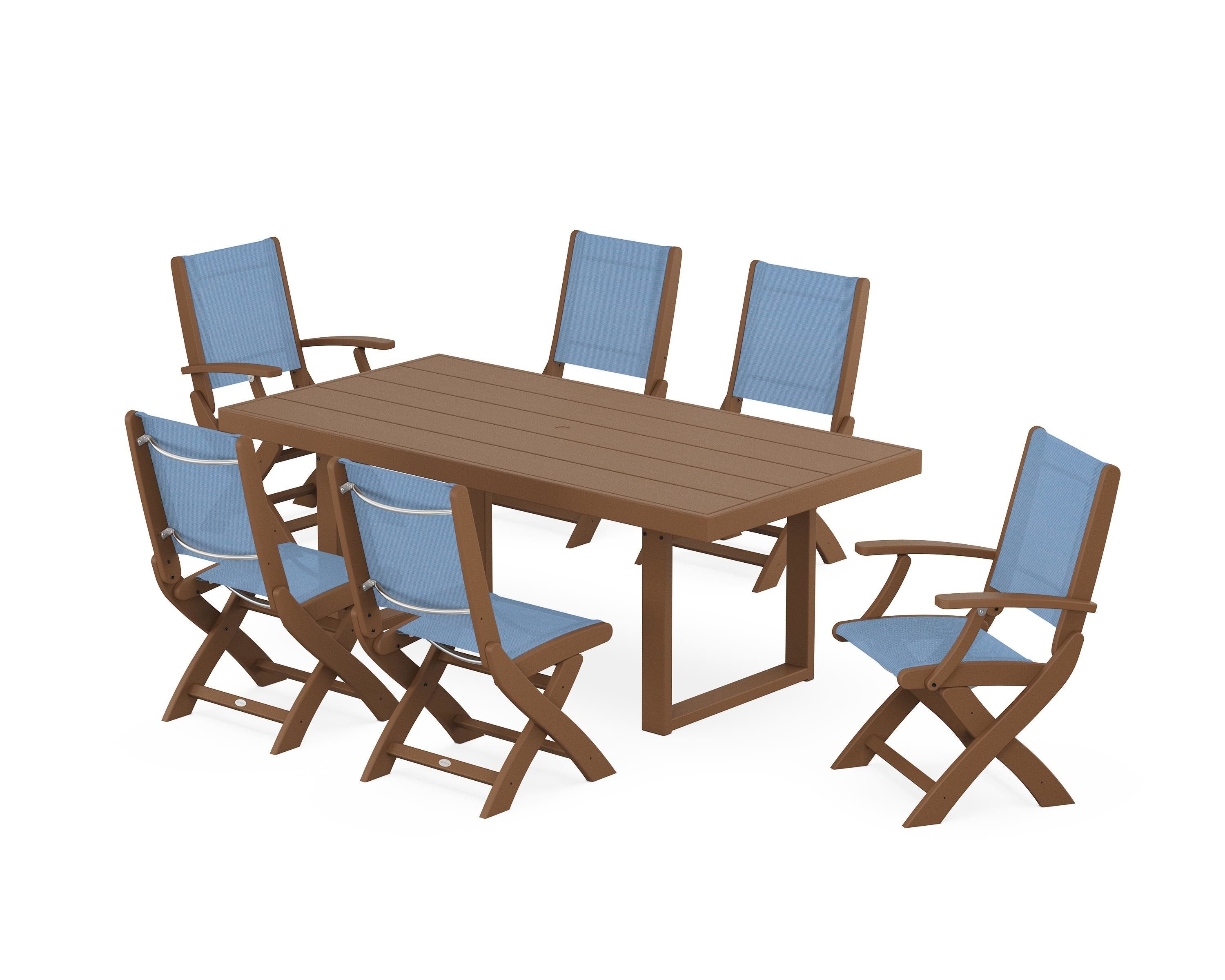 POLYWOOD® Coastal Folding Chair 7-Piece Dining Set with Trestle Legs in Teak / Poolside Sling