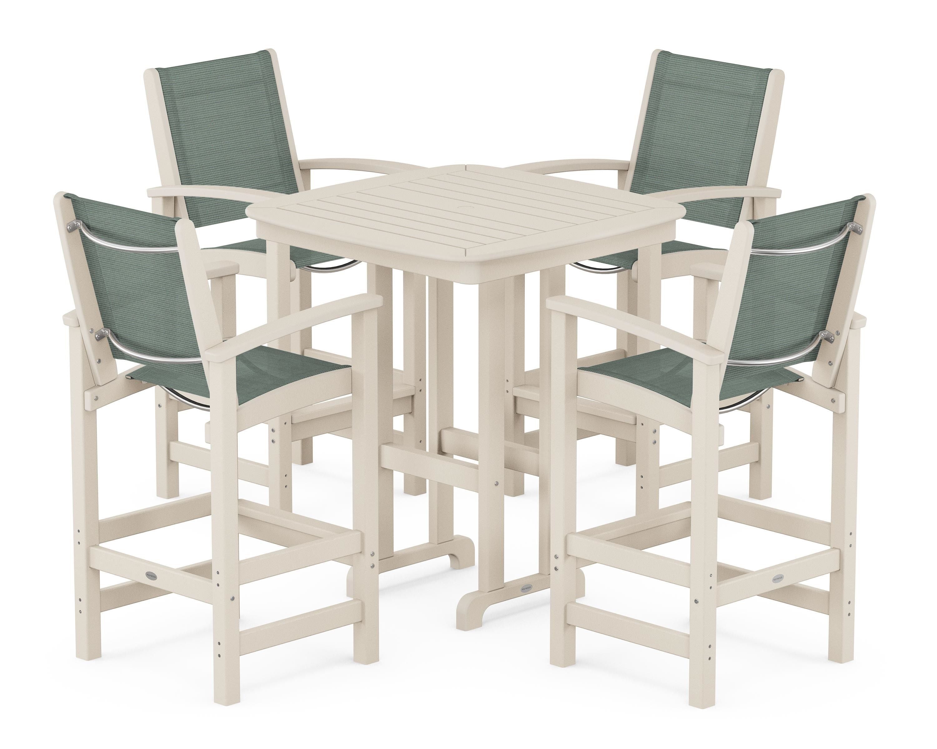 POLYWOOD® Coastal 5-Piece Bar Set in Sand / Dupioni Sea Mist Sling