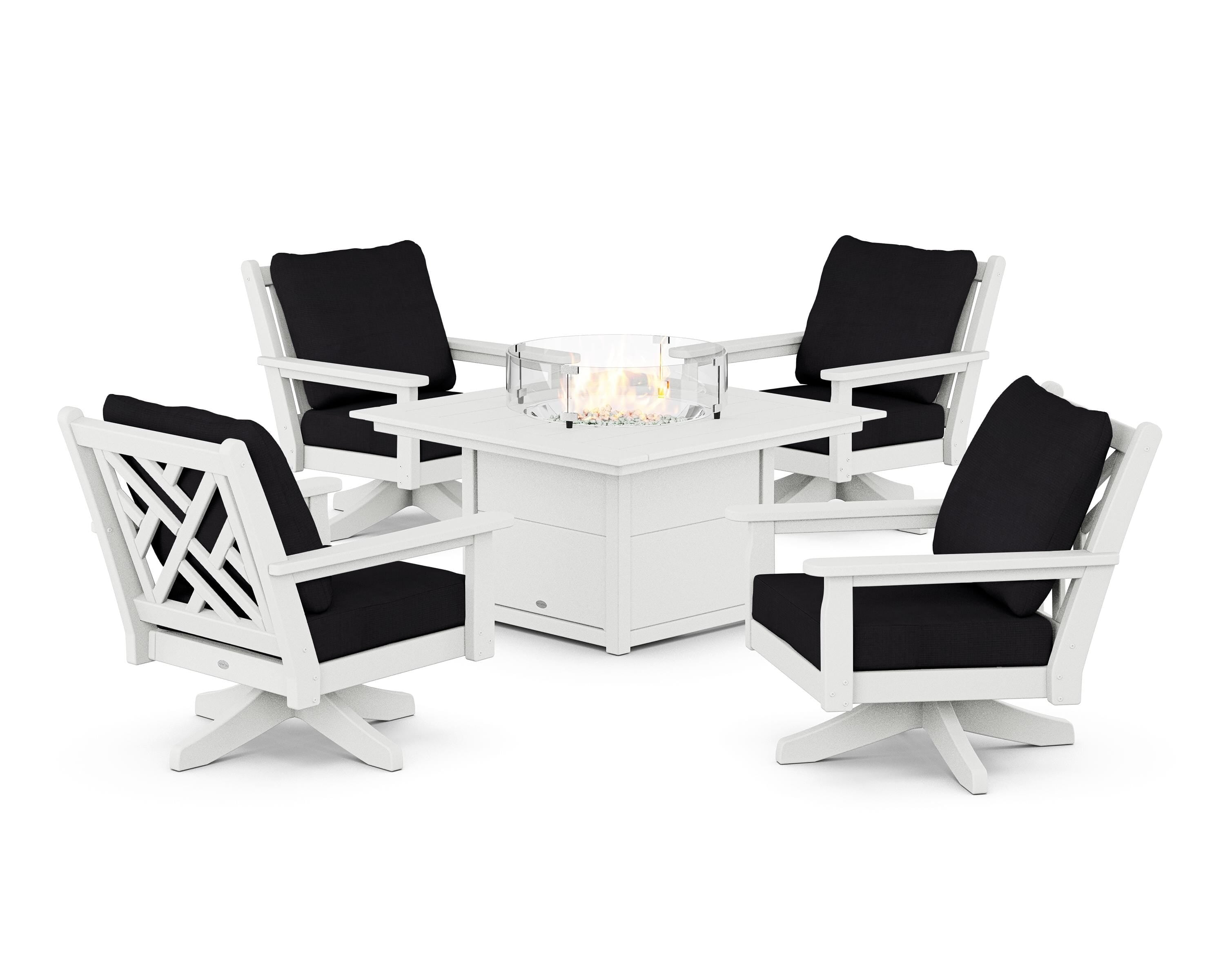 POLYWOOD® Chippendale 5-Piece Deep Seating Swivel Conversation Set with Fire Pit Table in White / Midnight Linen