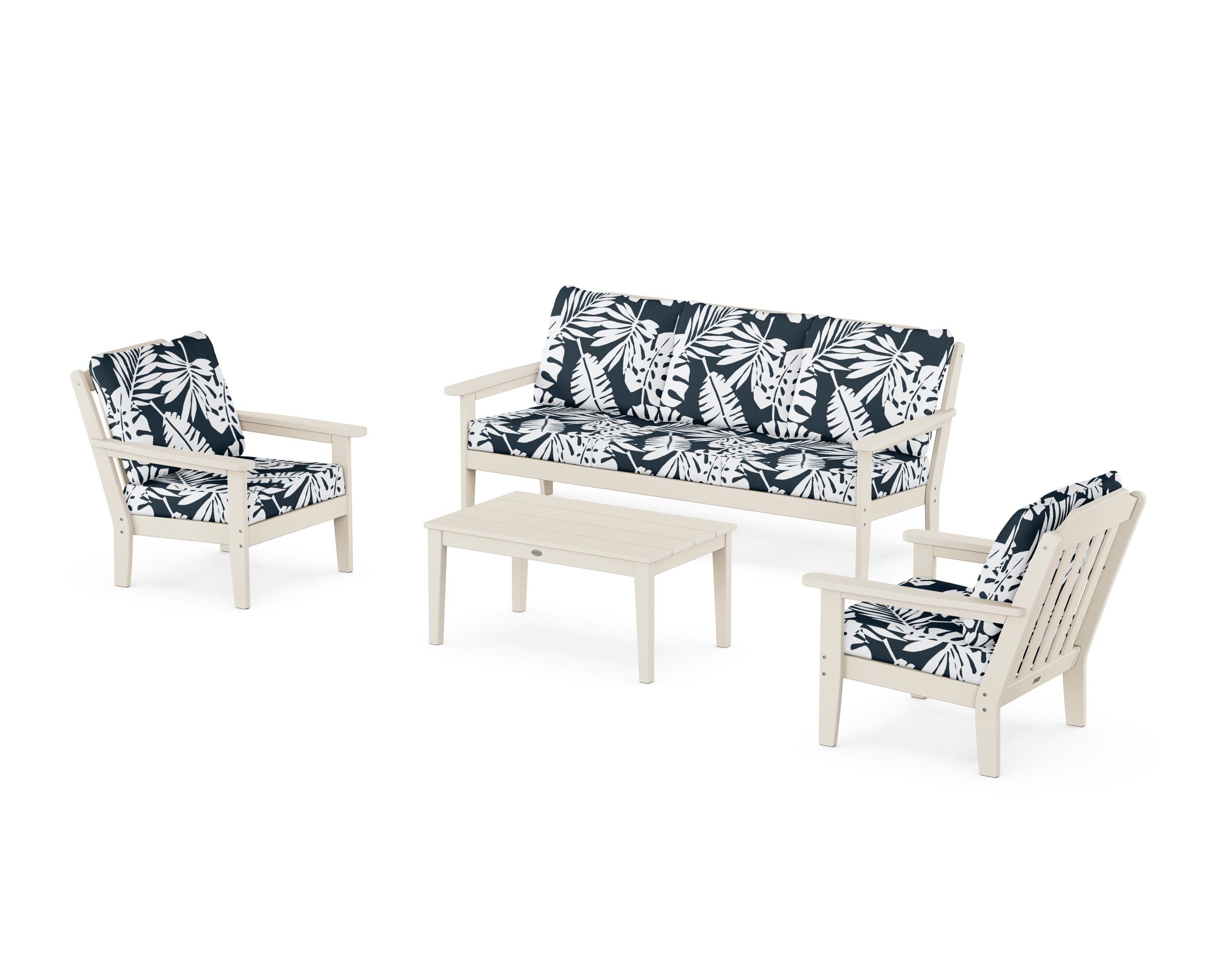 Country Living Cottage 4-Piece Deep Seating Set with Sofa in Sand / Leaf Marine Indigo