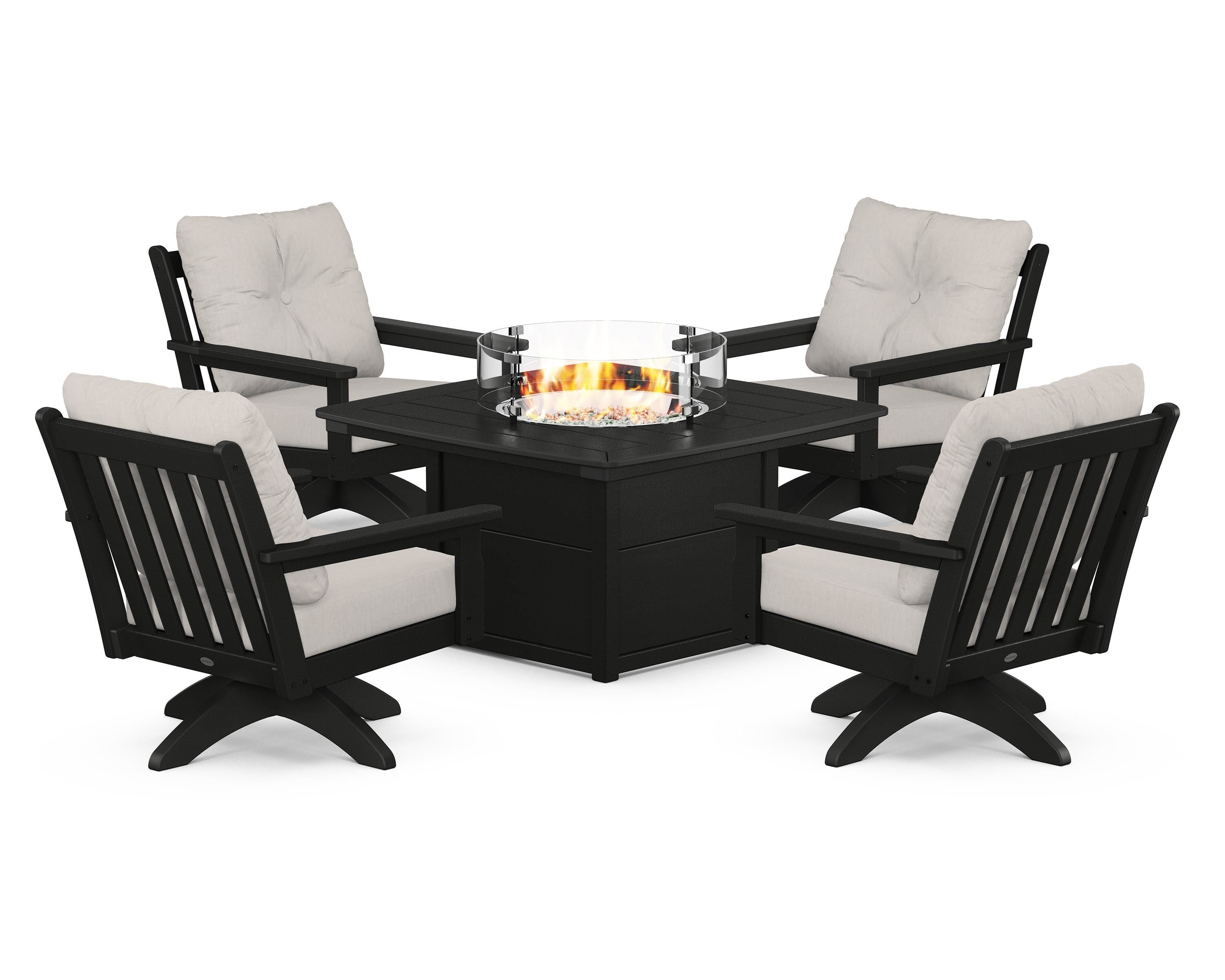 POLYWOOD® Vineyard 5-Piece Deep Seating Swivel Conversation Set with Fire Pit Table in Black / Cast Ash