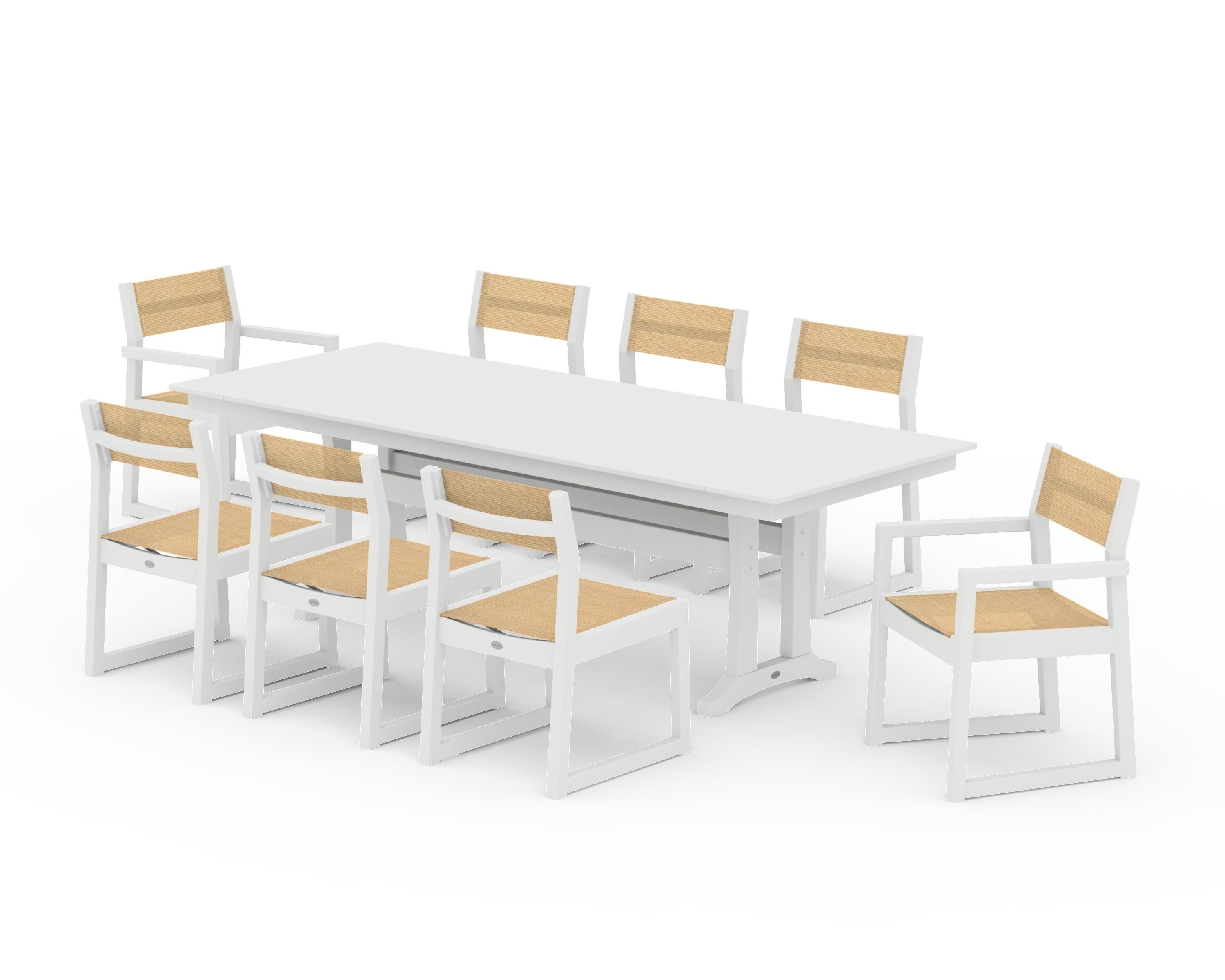 POLYWOOD® EDGE Sling 9-Piece Farmhouse Trestle Dining Set in White / Dupioni Apricot Sling