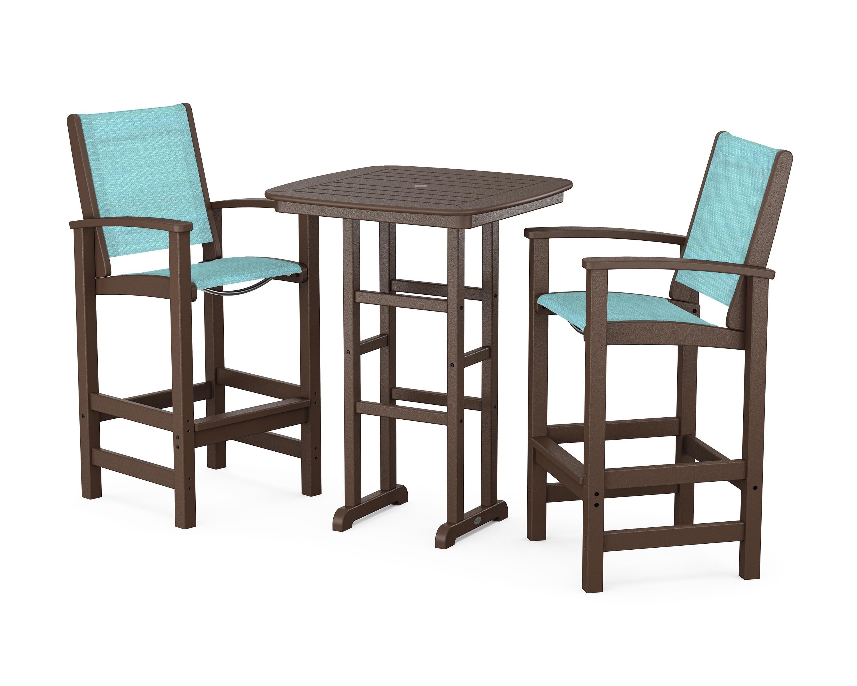 POLYWOOD® Coastal 3-Piece Bar Set in Mahogany / Dupioni Aquamarine Sling