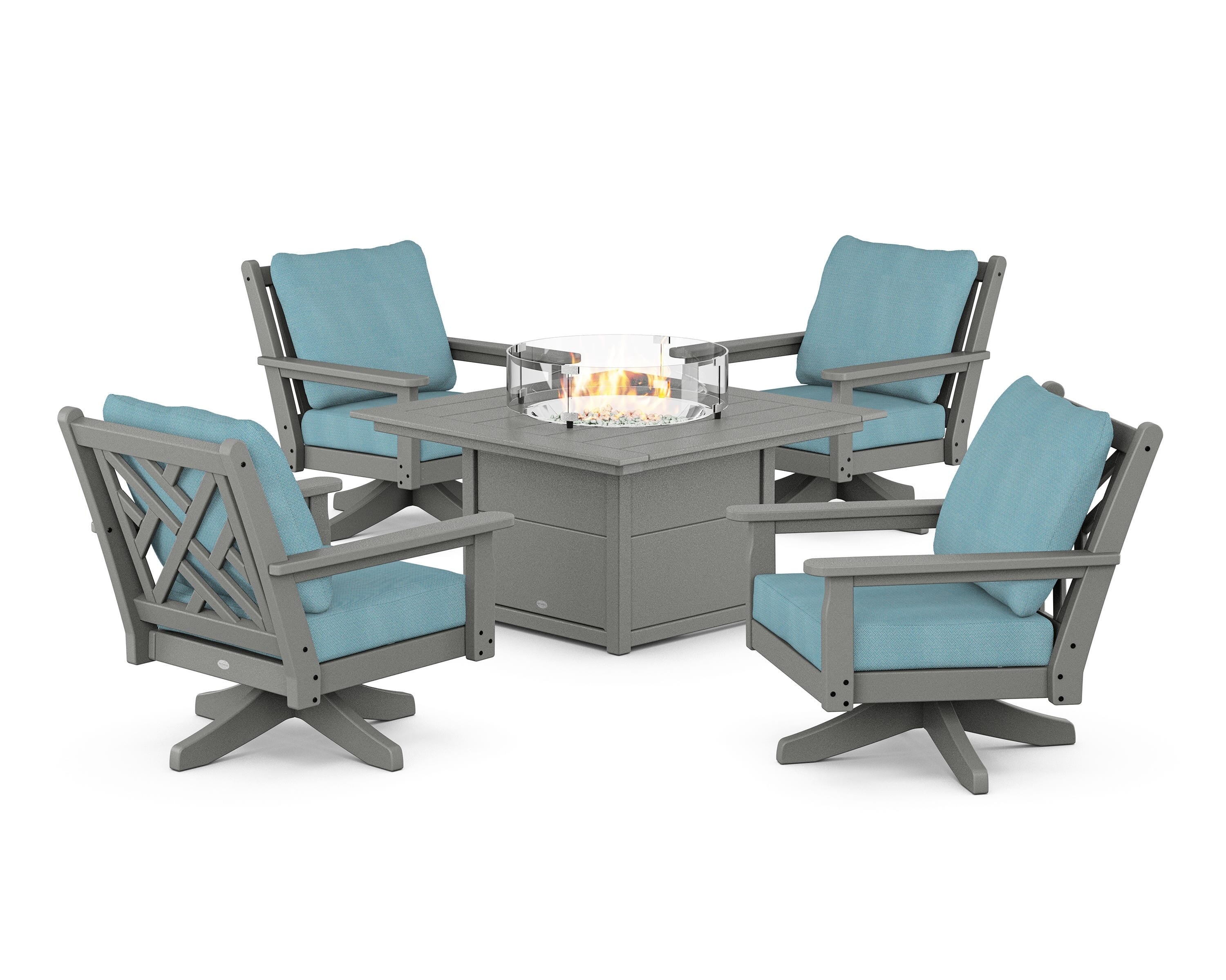 POLYWOOD® Chippendale 5-Piece Deep Seating Swivel Conversation Set with Fire Pit Table in Slate Grey / Lattice Sky Blue
