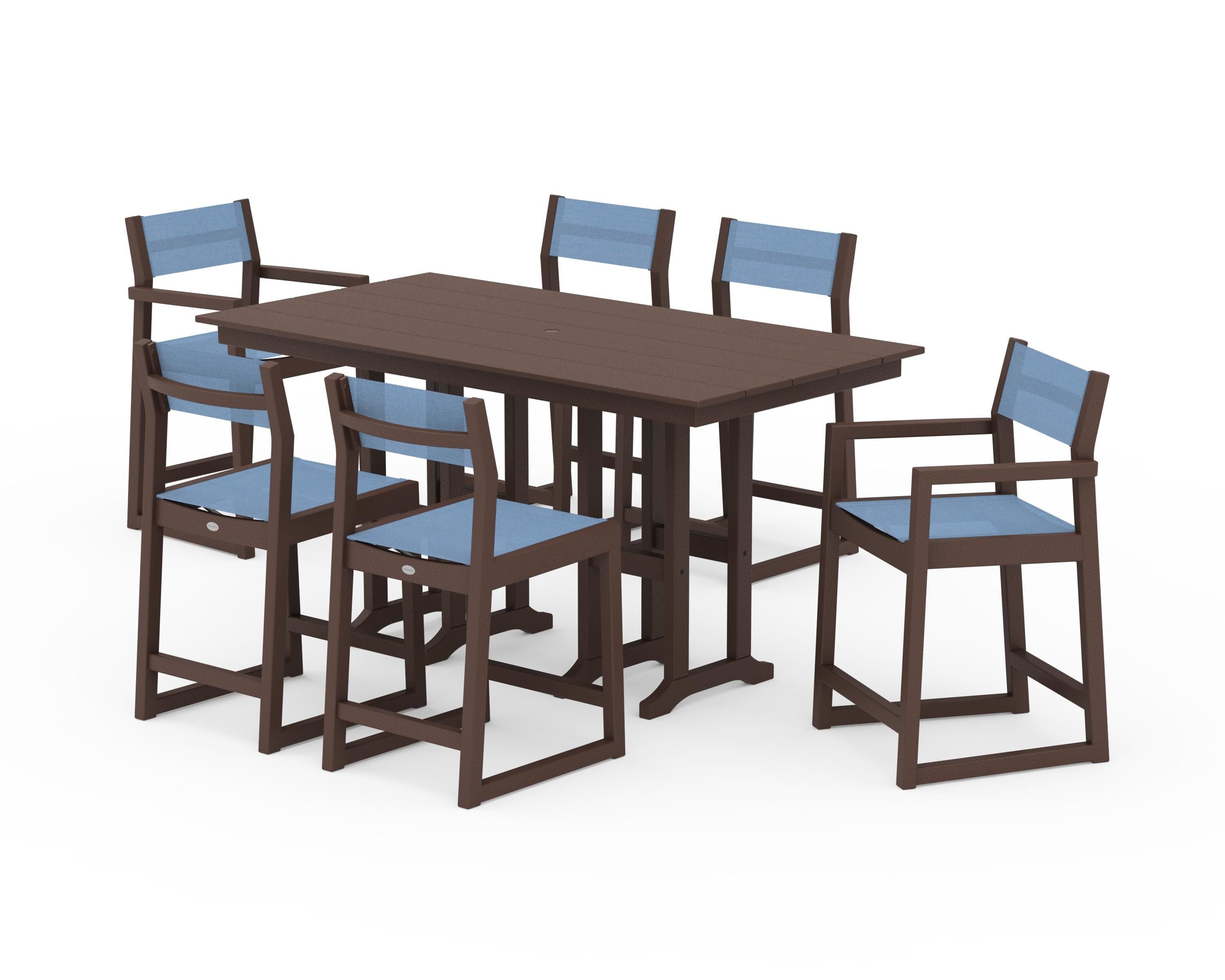 POLYWOOD® EDGE Sling 7-Piece Farmhouse Counter Set in Mahogany / Poolside Sling