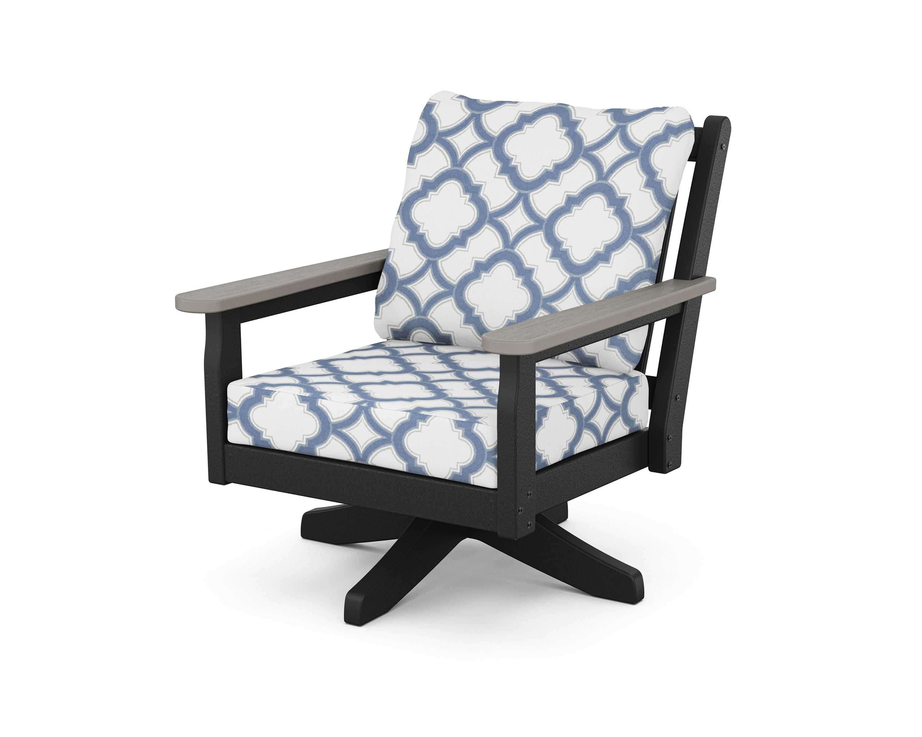 POLYWOOD® Chippendale Deep Seating Swivel Chair in Black / Driftwood / Trellis Sky Blue