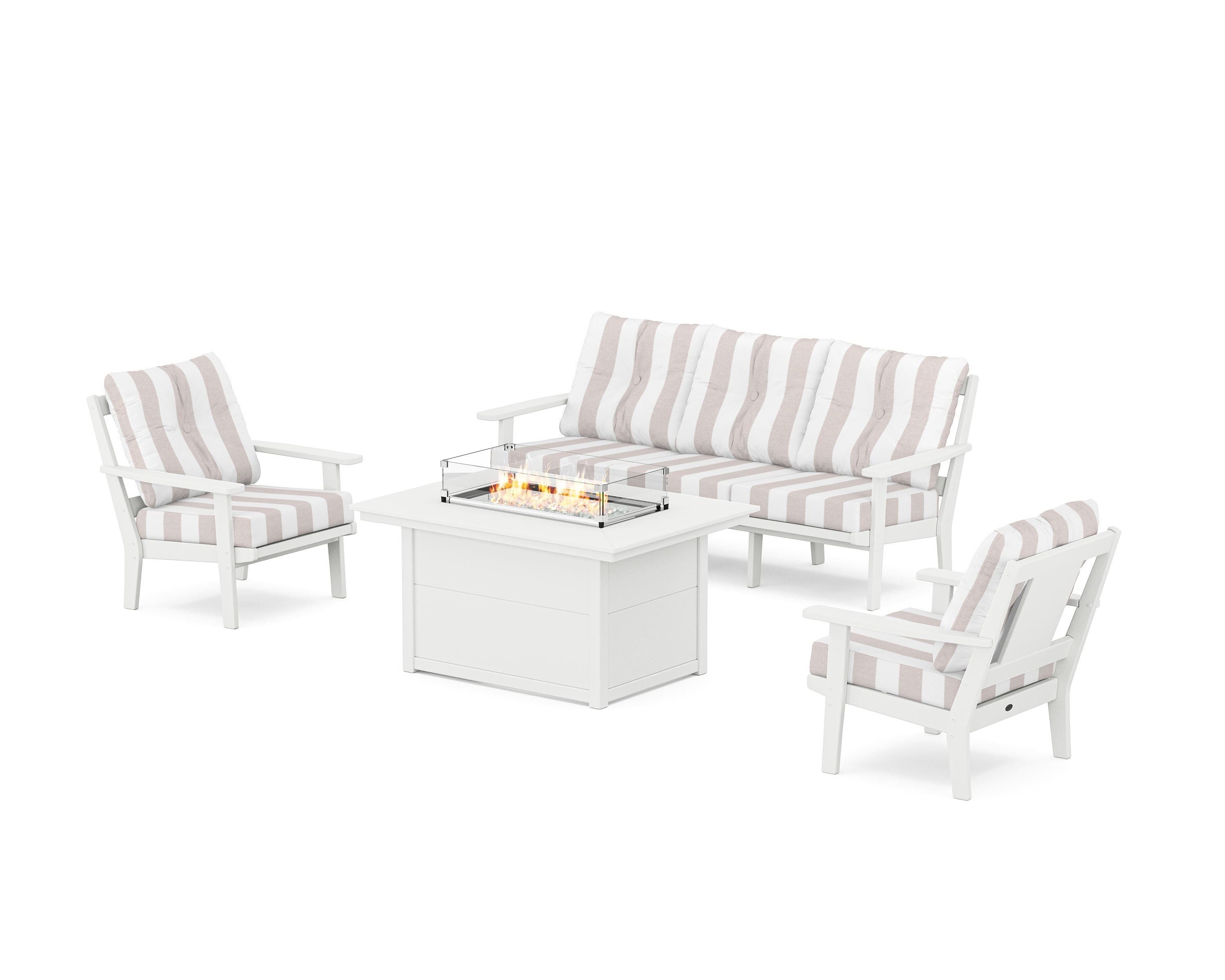 POLYWOOD® Prairie Deep Seating Fire Pit Table Set in White / Cabana Stripe Dune Burlap