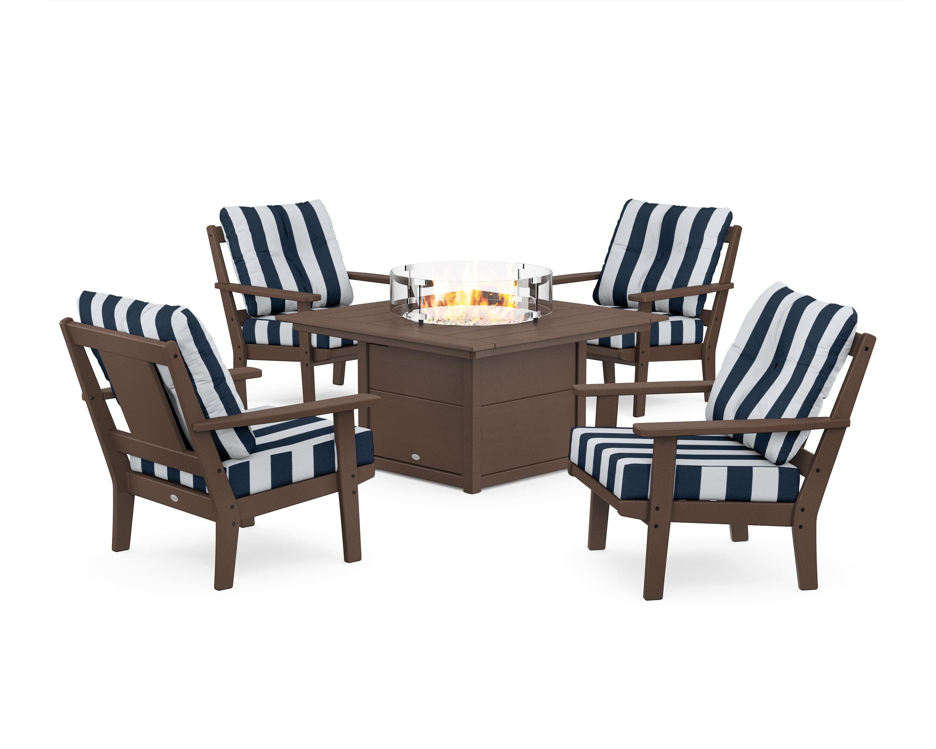 POLYWOOD® Prairie 5-Piece Deep Seating Set with Fire Pit Table in Mahogany / Cabana Stripe Marine Indigo