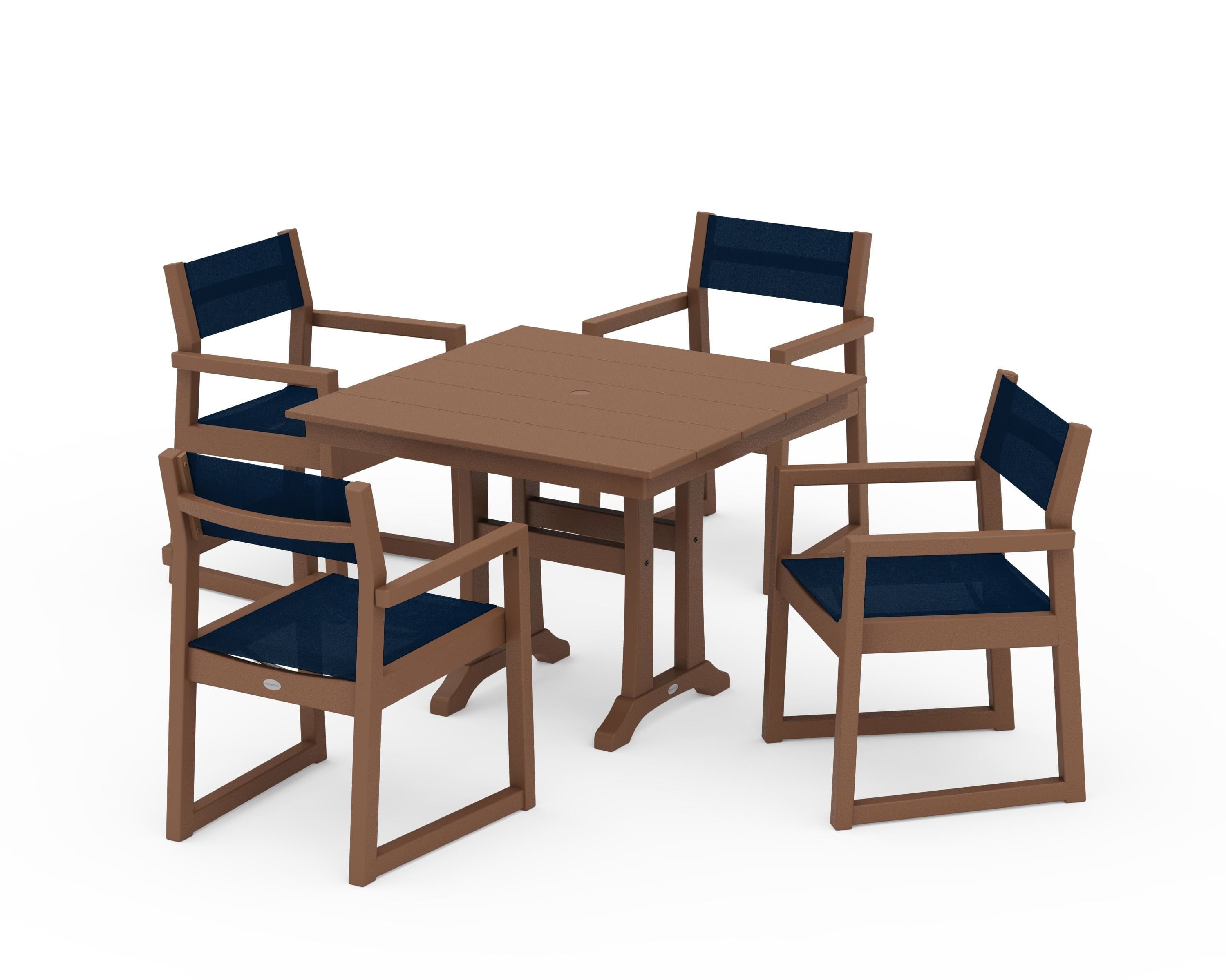 POLYWOOD® EDGE Sling 5-Piece Farmhouse Dining Set with Trestle Legs in Teak / Navy Blue Sling