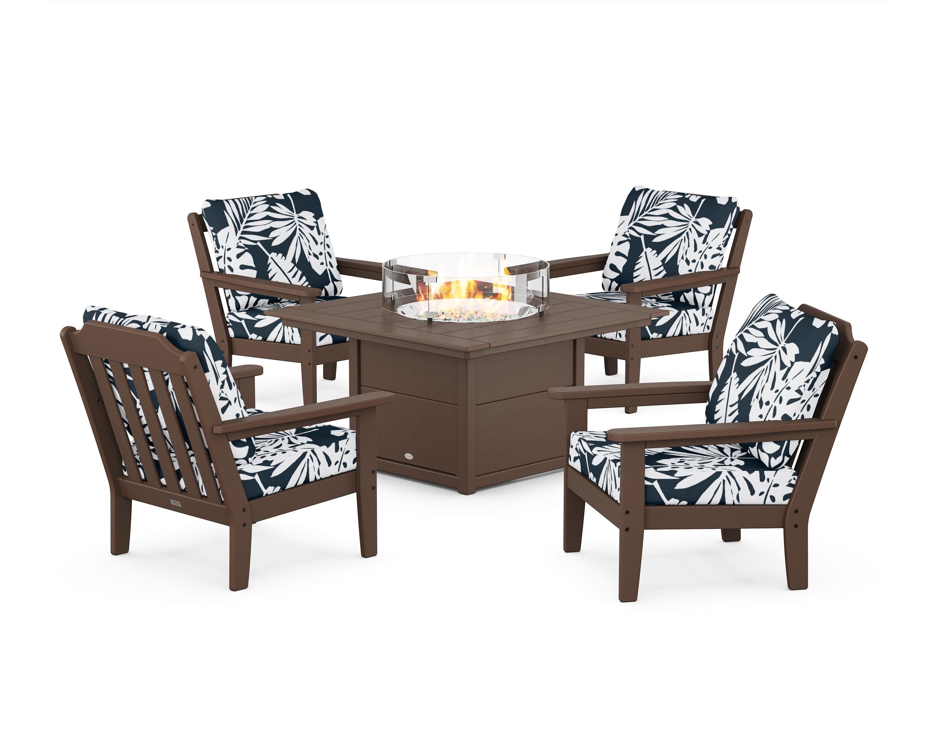 Country Living Cottage 5-Piece Deep Seating Set with Fire Pit Table in Mahogany / Leaf Marine Indigo
