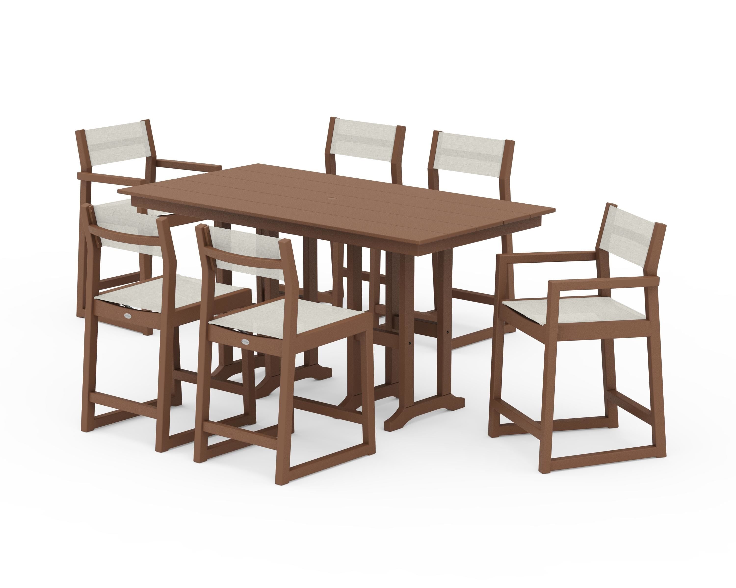 POLYWOOD® EDGE Sling 7-Piece Farmhouse Counter Set in Teak / Parchment Sling